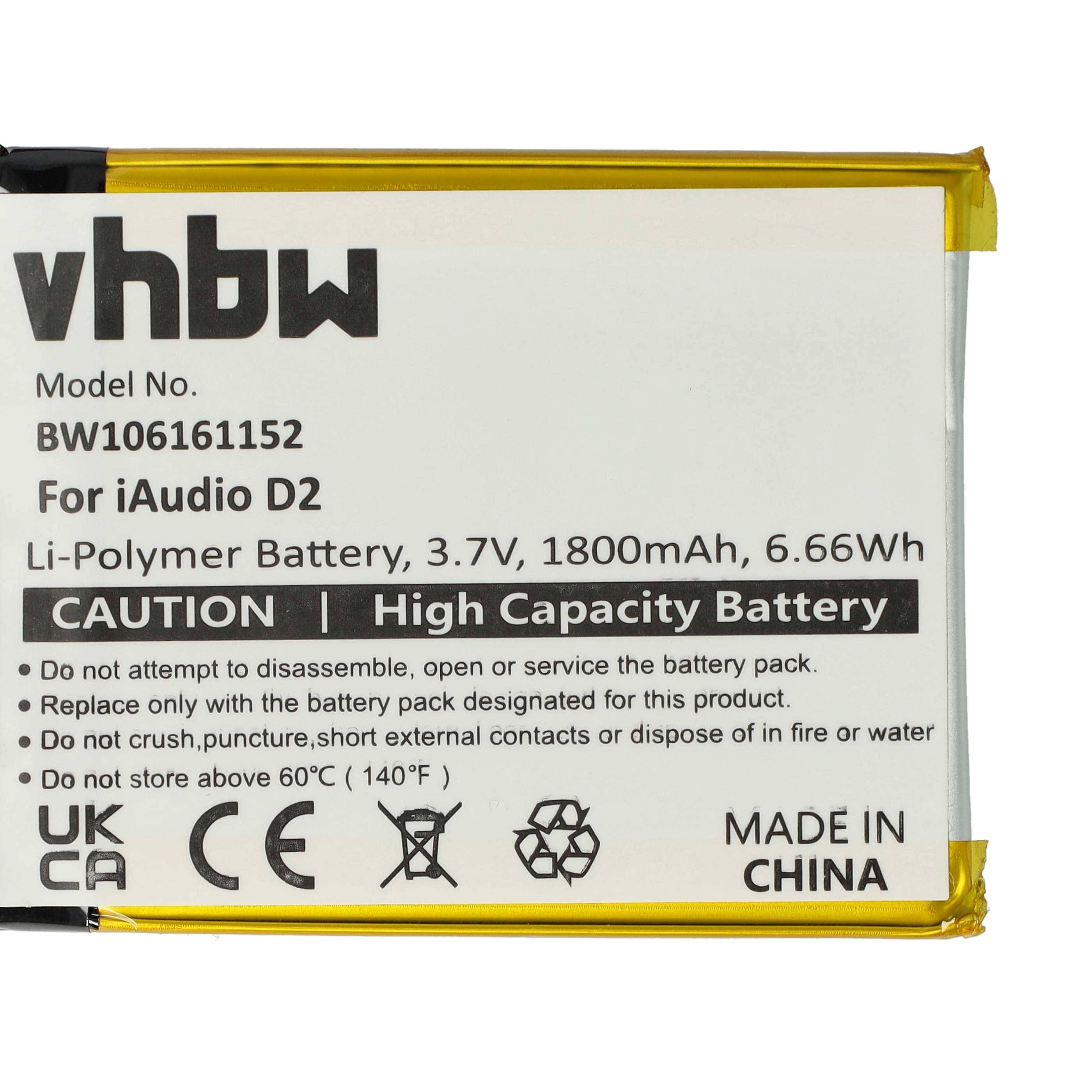 vhbw Akku kompatibel mit Cowon iAudio D2 16GB, D2 2GB, D2 4GB, D2 8GB MP3-Player Musik Player (1800mAh, 3,7V, Li-Polymer)