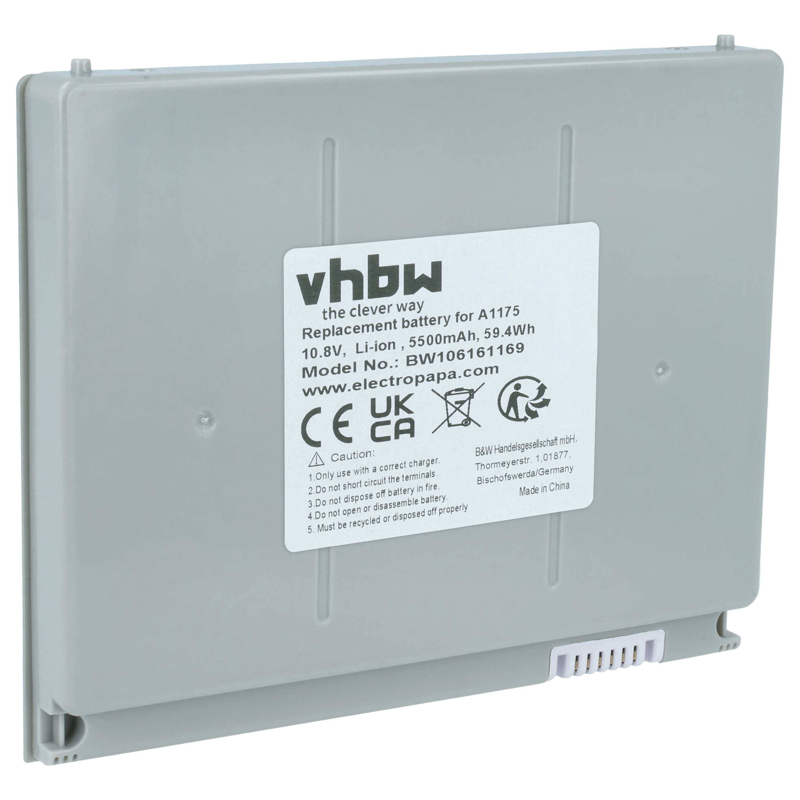 Ersatzbatterie für A1175, 10,8V, 5500mAh, 59,4Wh. Modell: BW10616169. Kompatibel mit Apple MacBook Pro-Geräten.