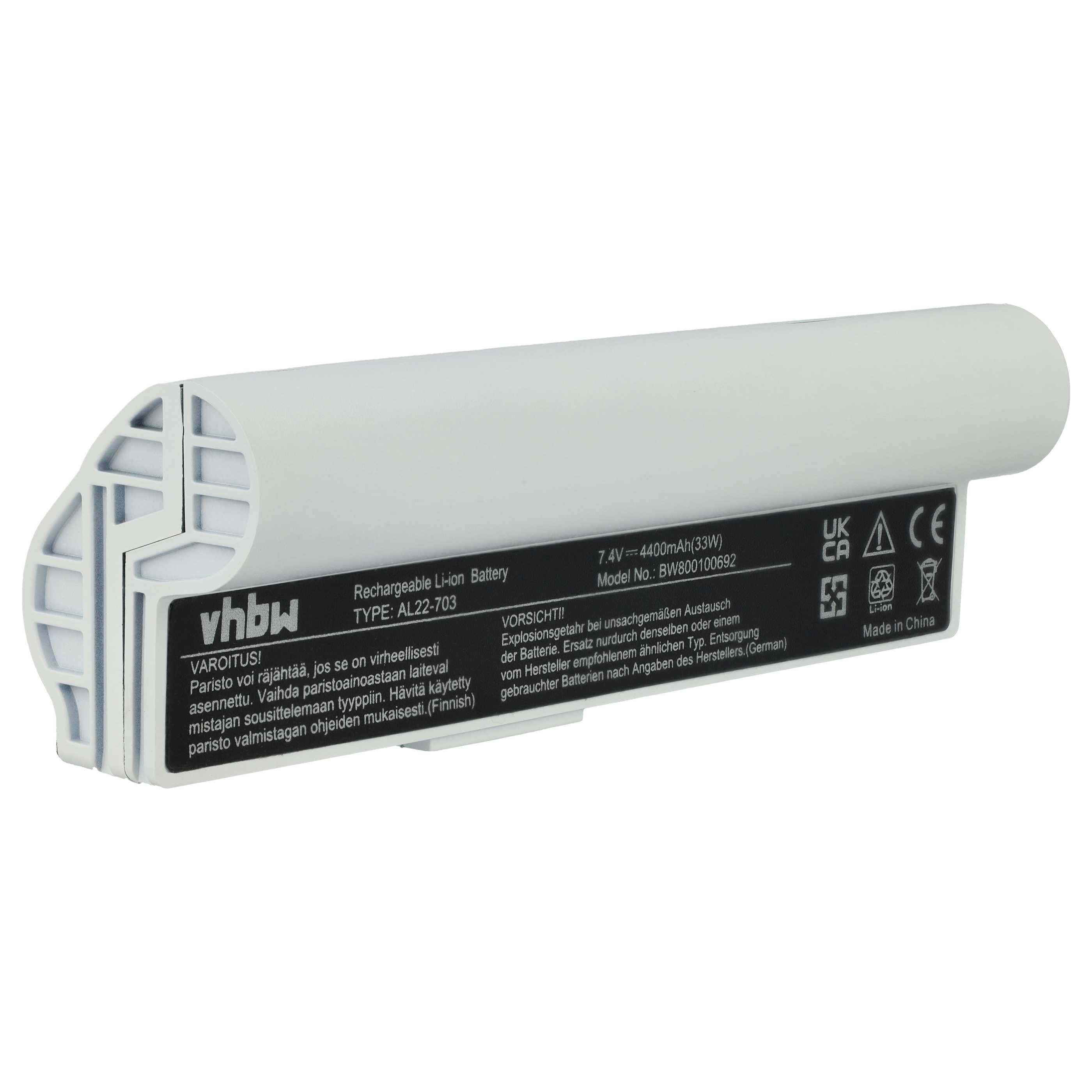Ein weißer zylindrischer wiederaufladbarer Lithium-Ionen-Akku mit Textbeschriftung. Modell A32-T00, 7,4V, 4050mAh, 30Wh, CE-zertifiziert. Hergestellt in China.