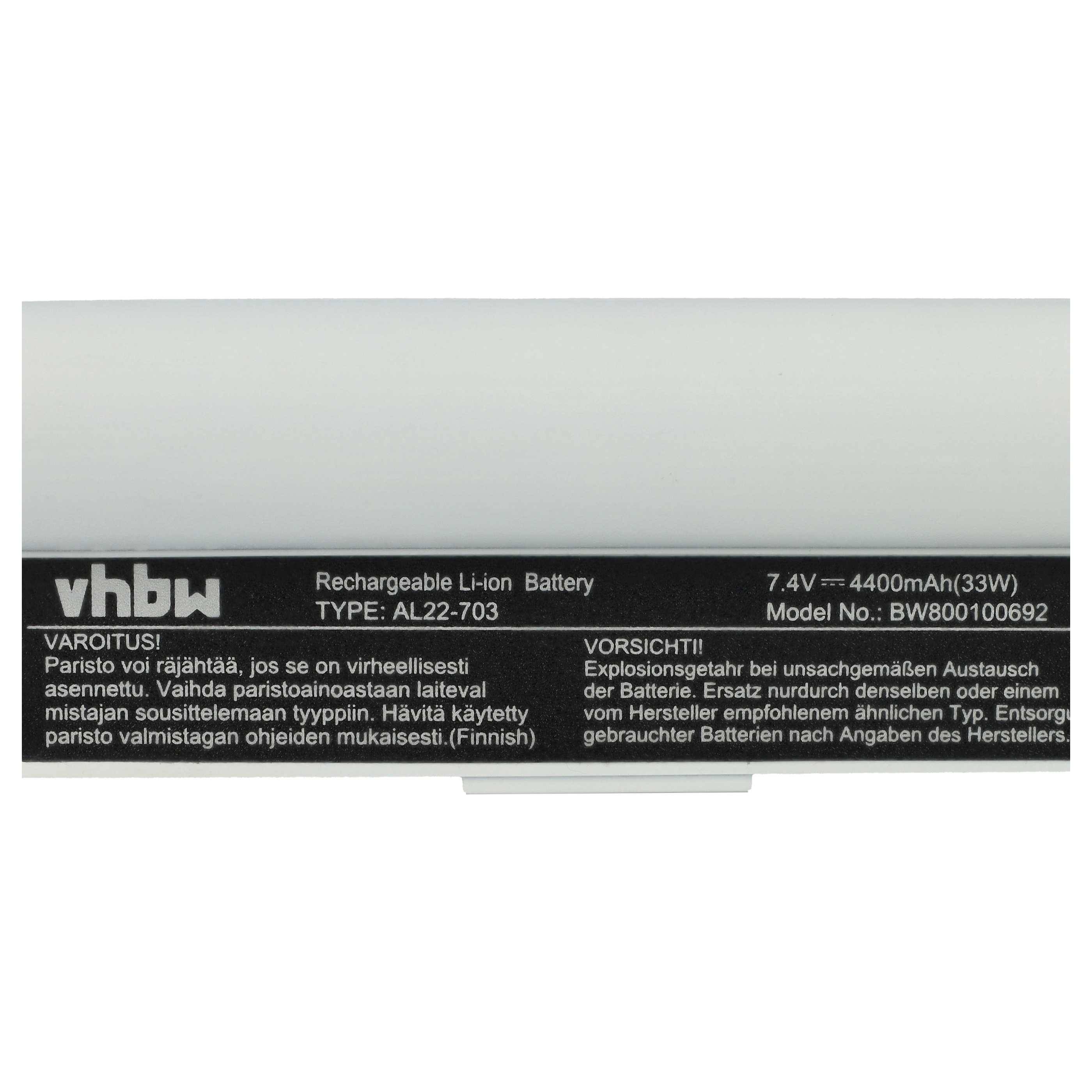 vhbw Wiederaufladbare Li-Ionen Batterie, 7,4V, 4400mAh, Modell 'BWB00100692'. Warnung auf Finnisch und Deutsch.