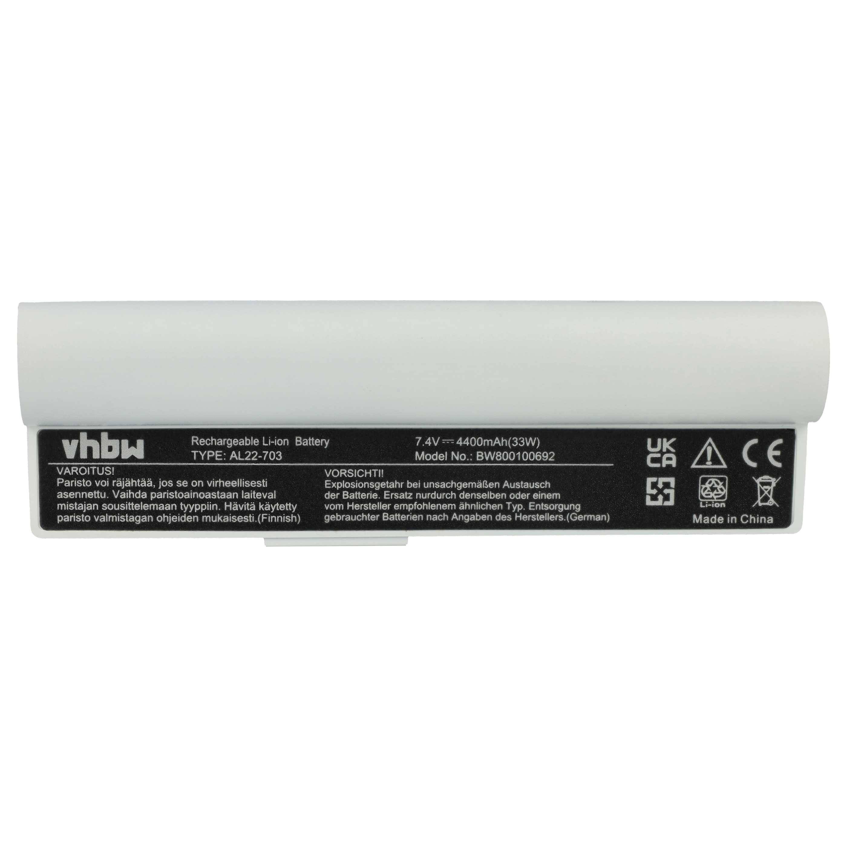 Wiederaufladbare Li-Ionen-Batterie, Marke vhbw, Typ AL22-703, 7,4V 4400mAh 33Wh. Enthält Sicherheitswarnungen und Konformitätssymbole.