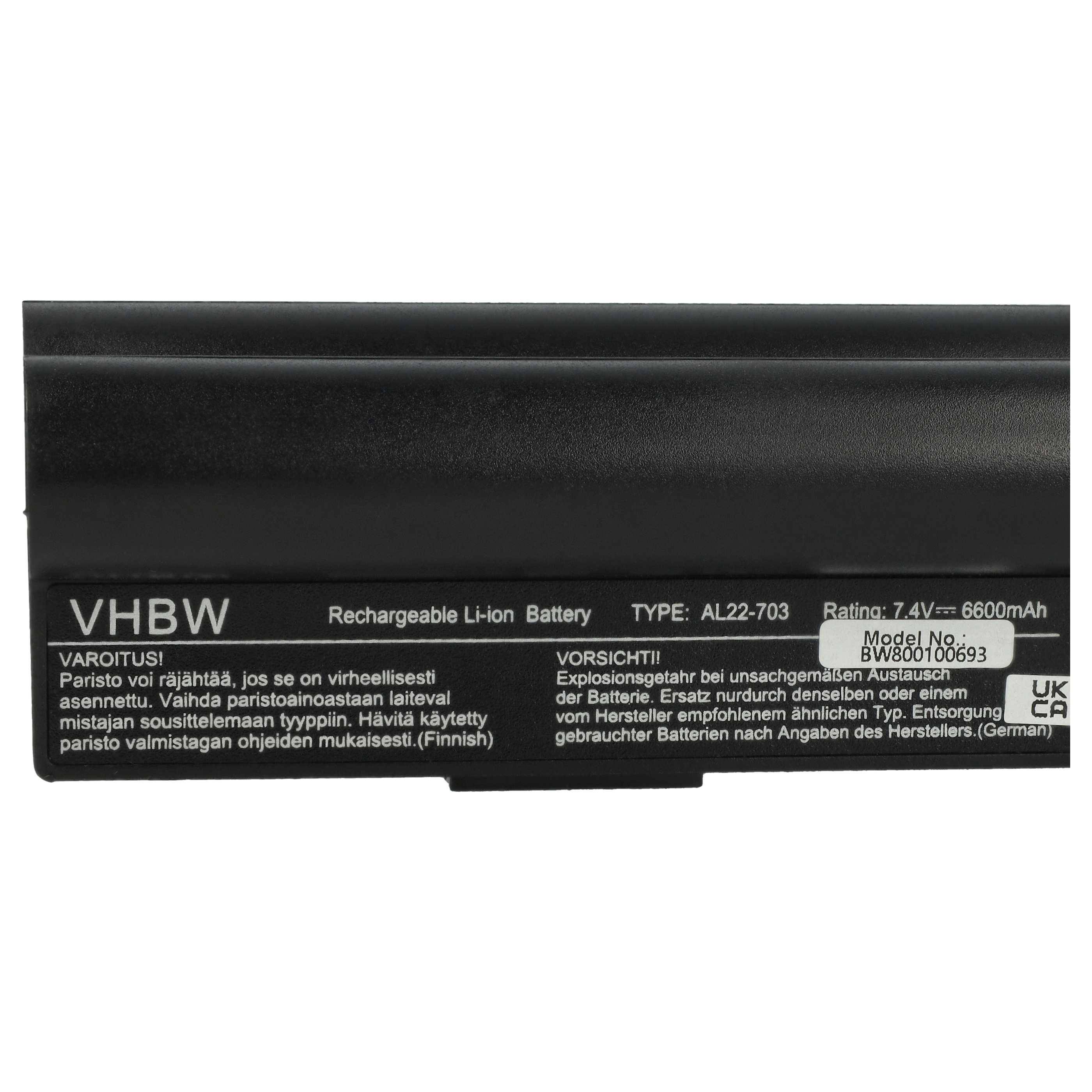 Das Bild zeigt einen wiederaufladbaren VHbw Li-Ionen-Akku, Modell AL22-703, mit einer Nennleistung von 7,4V und 6600mAh. Enthält Sicherheitswarnungen in mehreren Sprachen.