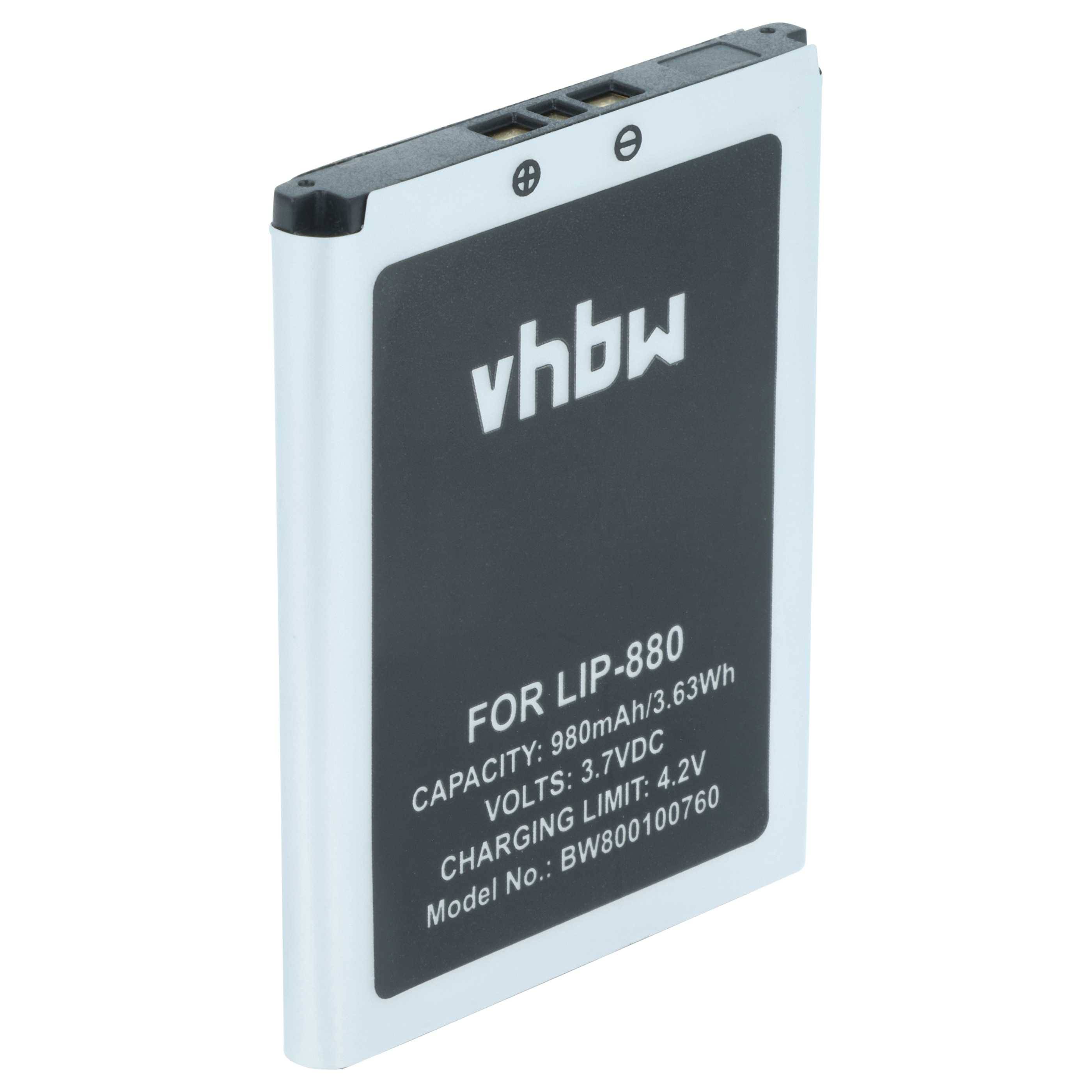 Eine rechteckige Batterie mit der Bezeichnung 'vhbw' und einer Kapazität von 980mAh, 3,63Wh, Spannung 3,7VDC, Ladegrenze 4,2V, Modellnummer BW800100760.