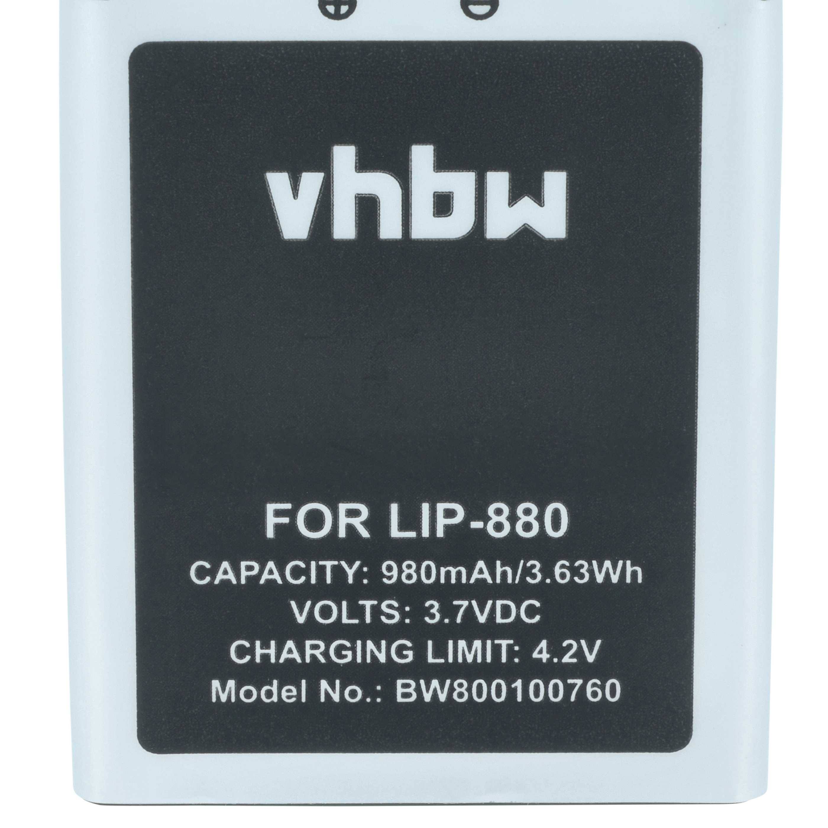 vhbw Akku für LIP-880' mit einer Kapazität von 980mAh, 3,63Wh, Spannung 3,7V. Ladegrenze: 4,2V. Modell-Nr.: BW80010760.