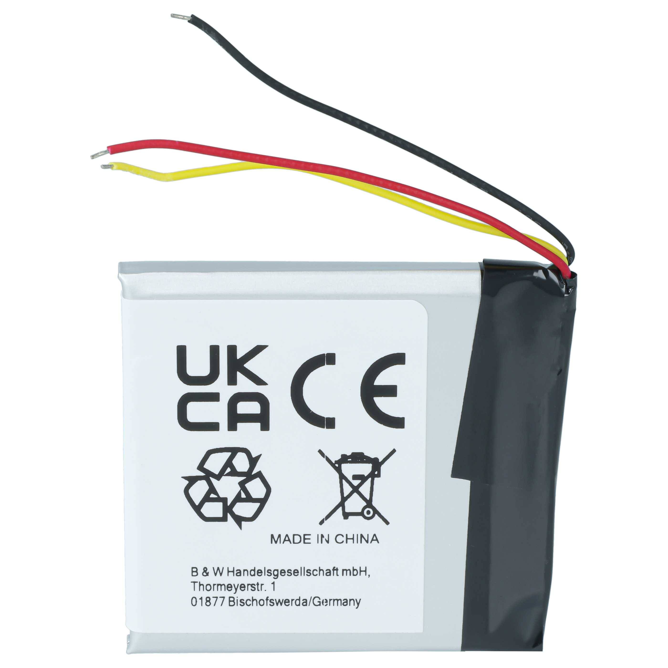 Flacher wiederaufladbarer Batteriepack mit roten, gelben und schwarzen Drähten, gekennzeichnet mit UKCA- und CE-Kennzeichen sowie Recycling-Symbolen.