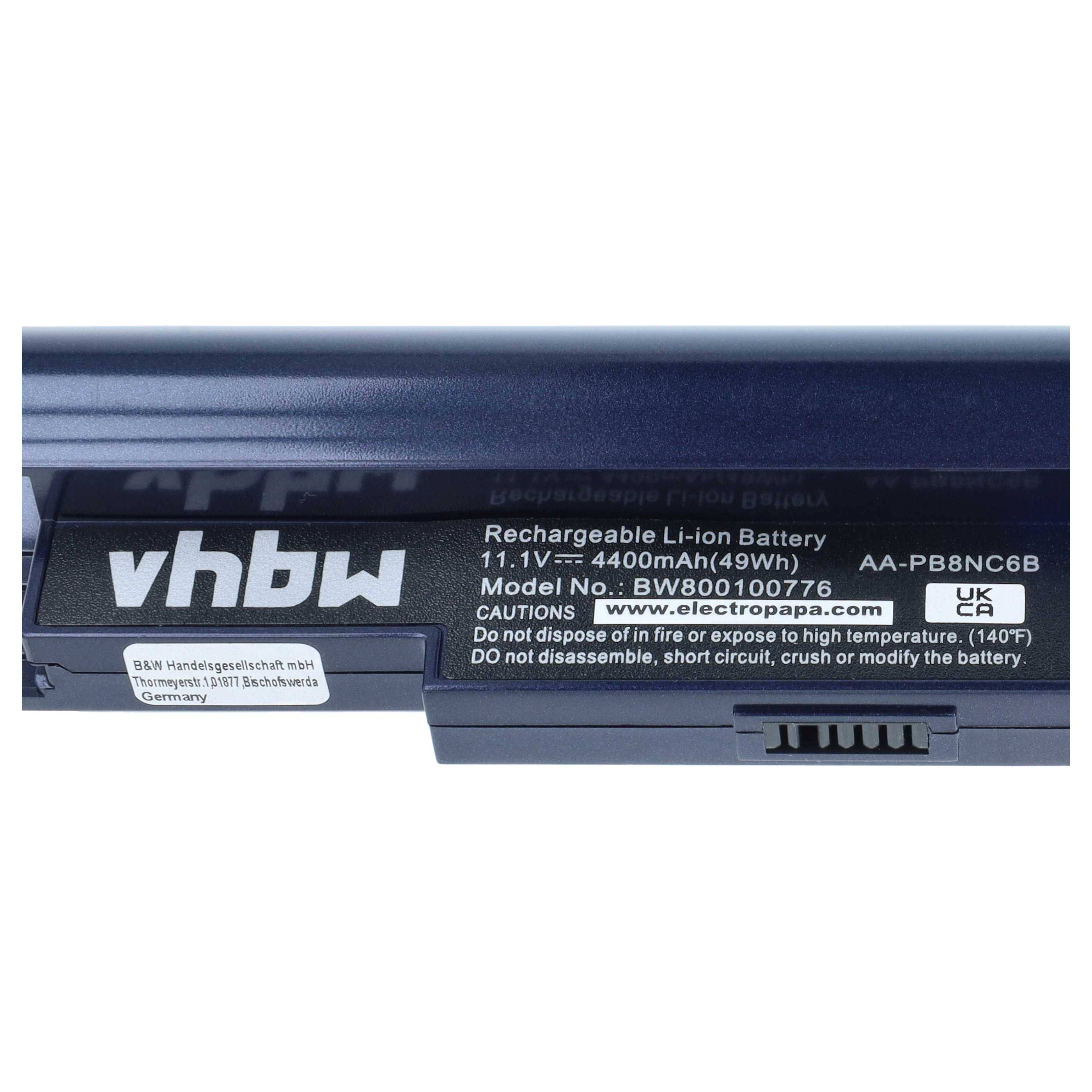 Nahaufnahme eines vhbw wiederaufladbaren Li-Ionen-Akku-Etiketts mit Angaben von 11,1V, 4400mAh, Modell BW800100776 und Sicherheitswarnungen.