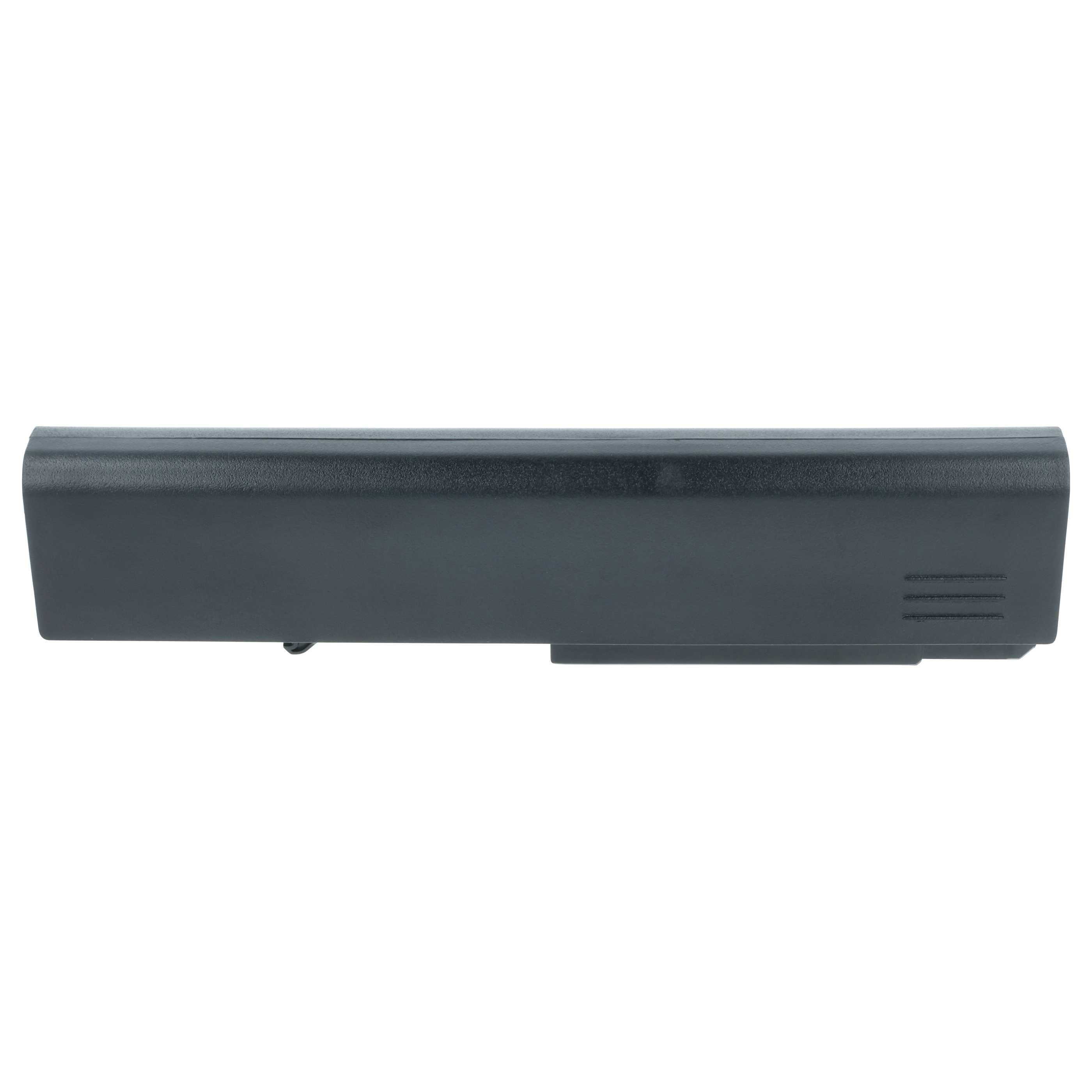 Eine schwarze rechteckige Laptop-Batterie mit Lüftungsschlitzen auf einer Seite, entwickelt als Ersatzteil für bestimmte Laptop-Modelle.