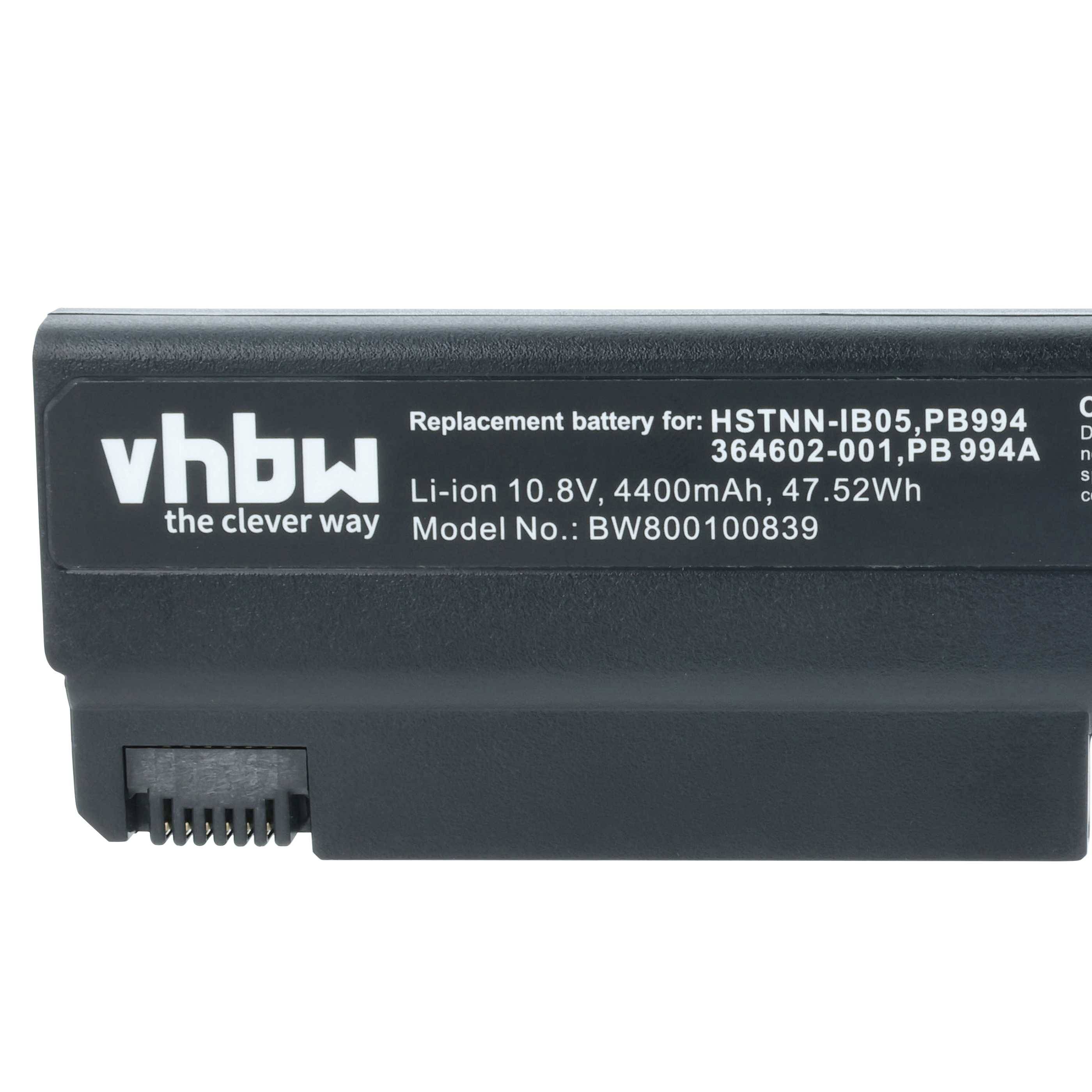 Akku mit Bezeichnung 'vhbw', Ersatz für HSTNN-IB05, PB994A. Spezifikationen: 10,8V, 4400mAh, 47,52Wh. Modellnummer BW800100839.