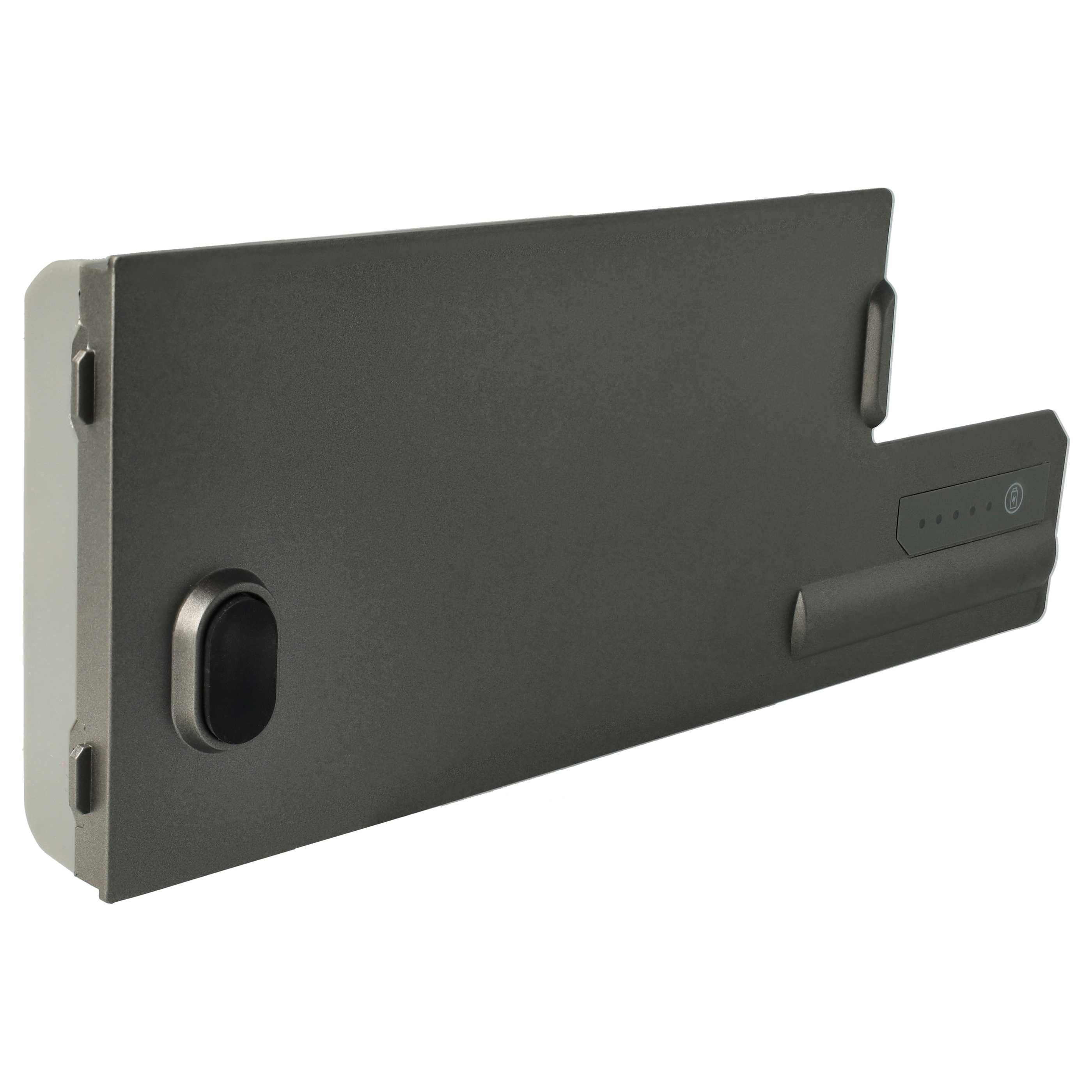 Eine graue, rechteckige Laptop-Batterie mit einem Netzschalter und LED-Ladeanzeigen. Sie hat einen Verbindungssteckplatz auf der Seite zum Anschließen an ein Gerät.