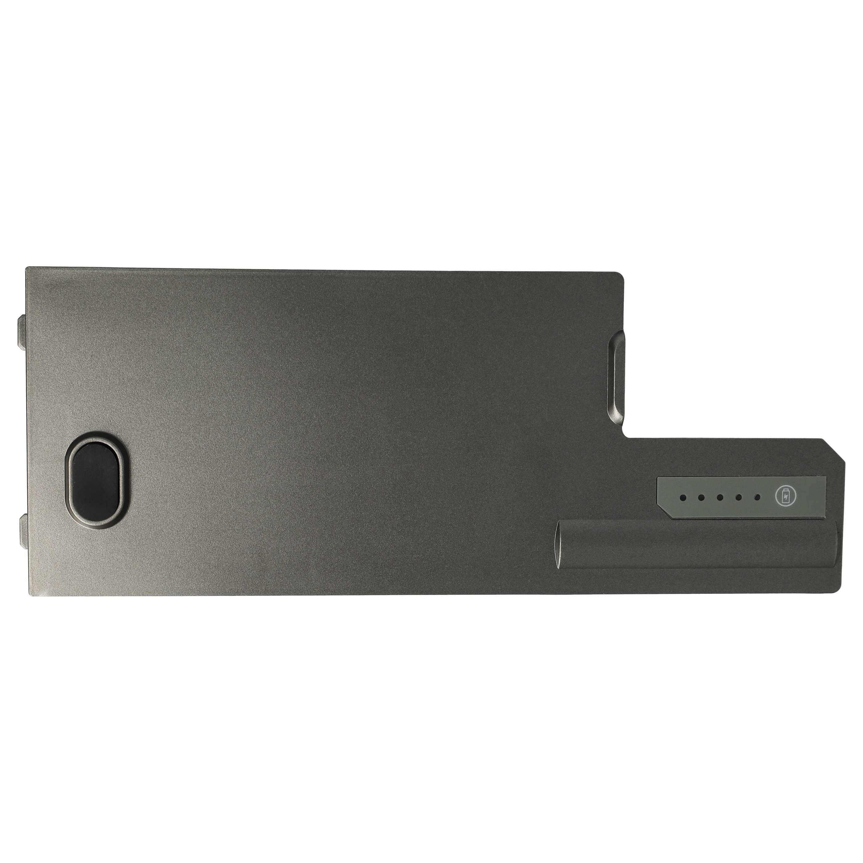 Ein rechteckiges Batteriepaket mit einem ovalen Druckknopf und vier LED-Anzeigen auf einer Seite, möglicherweise zur Anzeige der Batterieladestände.