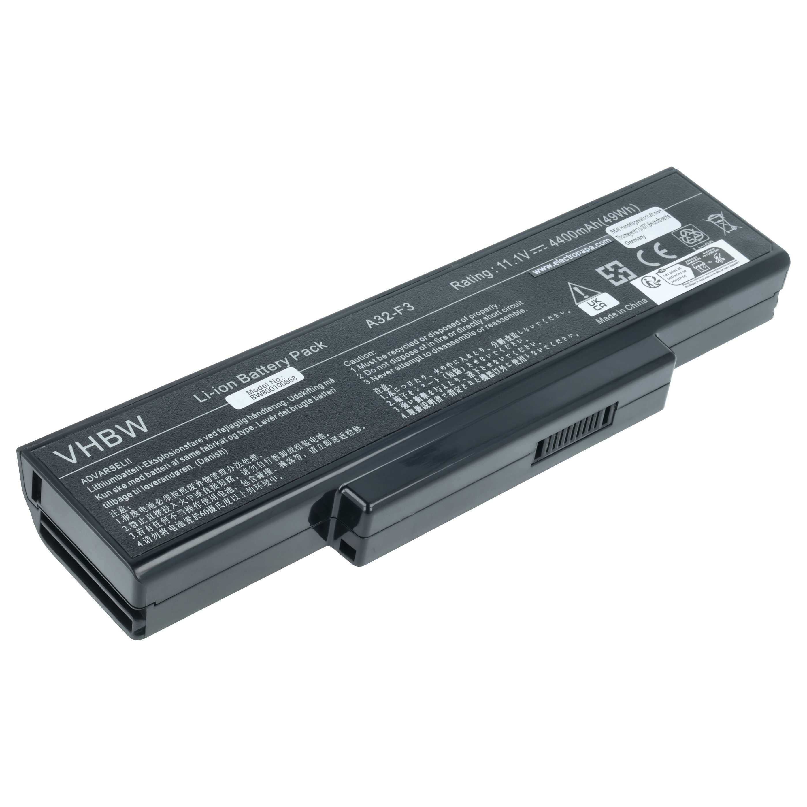 Eine schwarze VHbw Laptop-Batterie mit der Bezeichnung 'Li-ion Batteriepack A32-F3', Bewertung 11,1V, 4400mAh/48Wh, mit Symbolen und Sicherheitshinweisen.