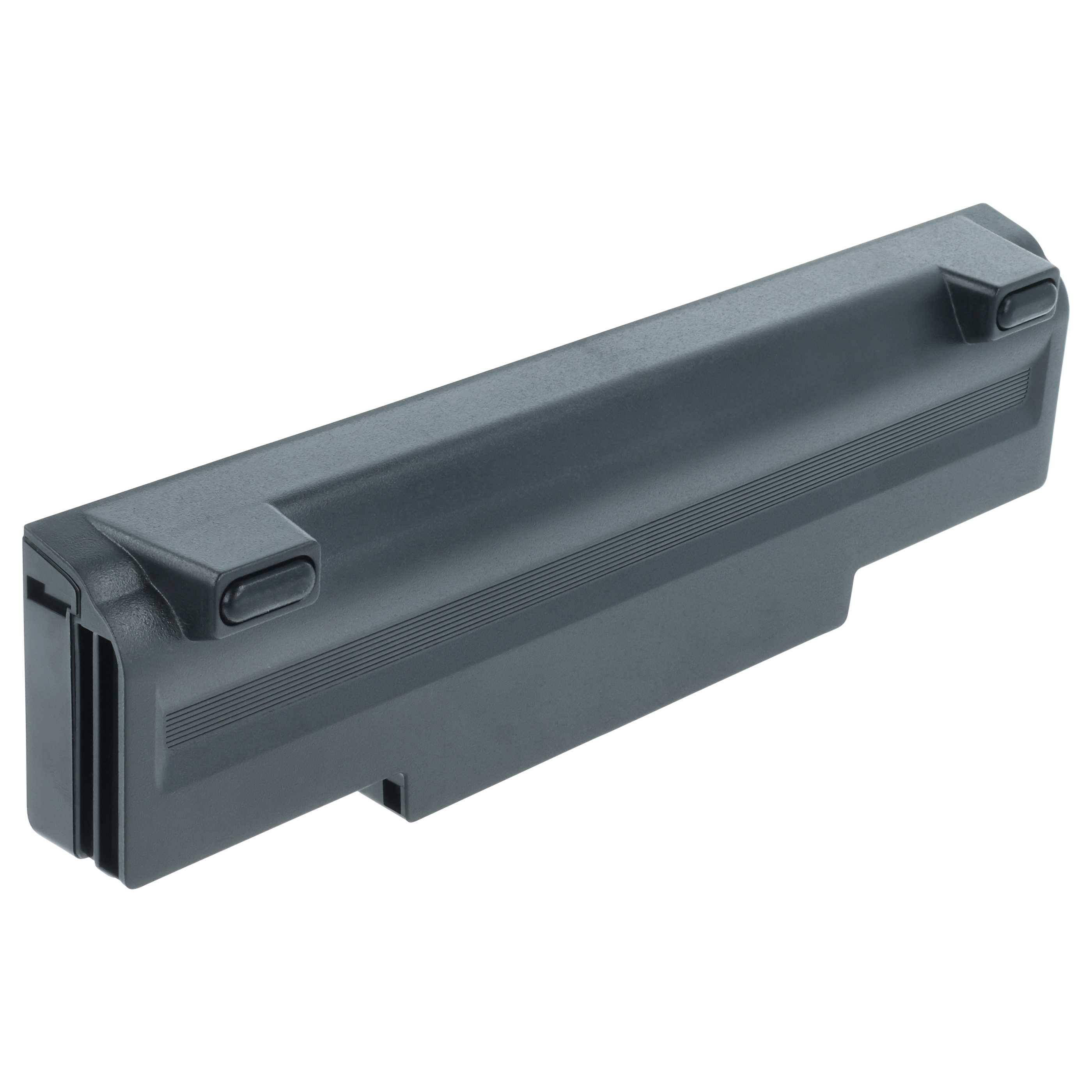 Eine rechteckige Laptop-Batterie mit grauem Gehäuse und zwei seitlichen Clips, die zum Anbringen am Boden eines Laptops konzipiert ist.