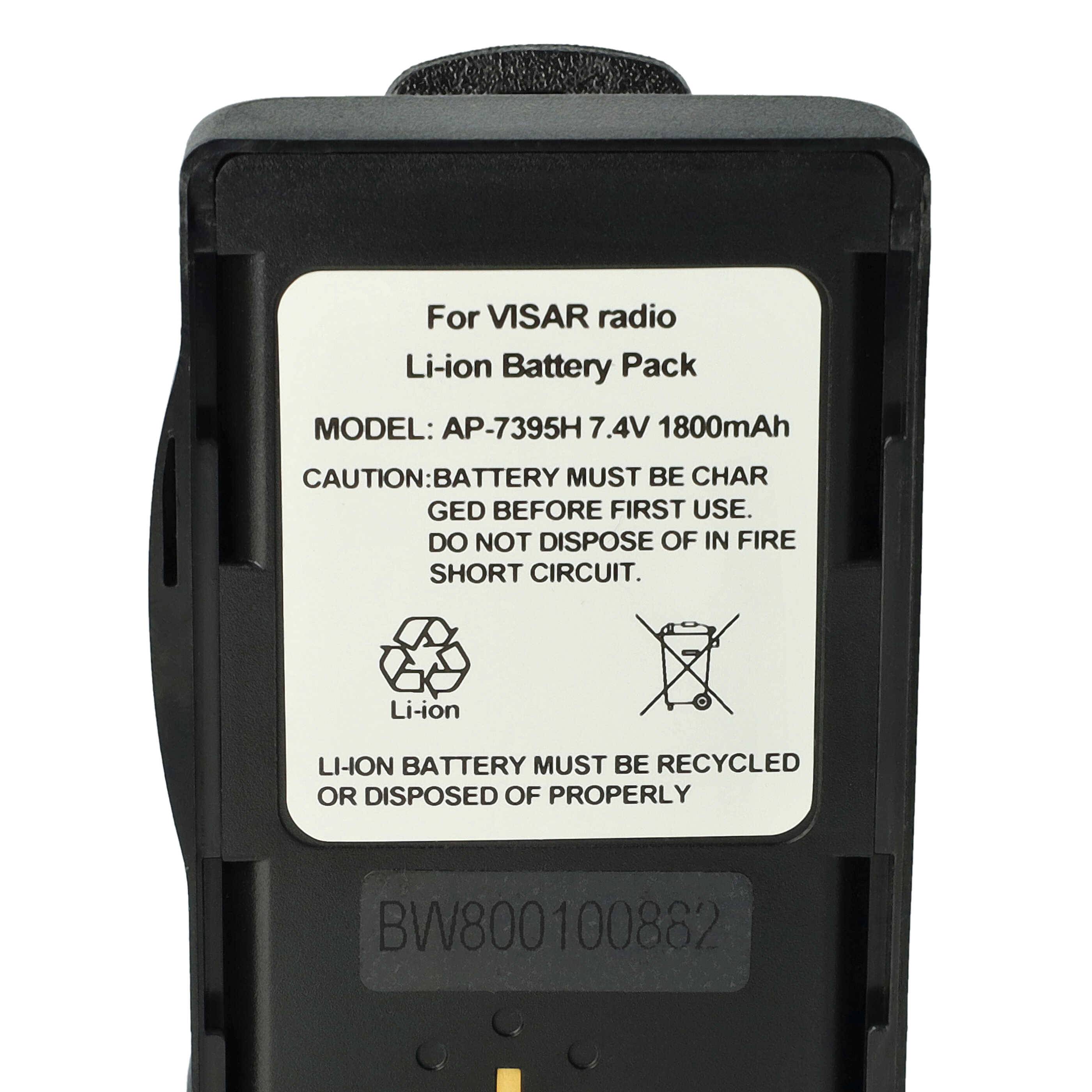 Batteriepack für VISAR-Funkgerät, Modell AP-7395H, 7,4V 1800mAh. Die Anleitung warnt vor Feuer und betont die Recycling-Notwendigkeit.