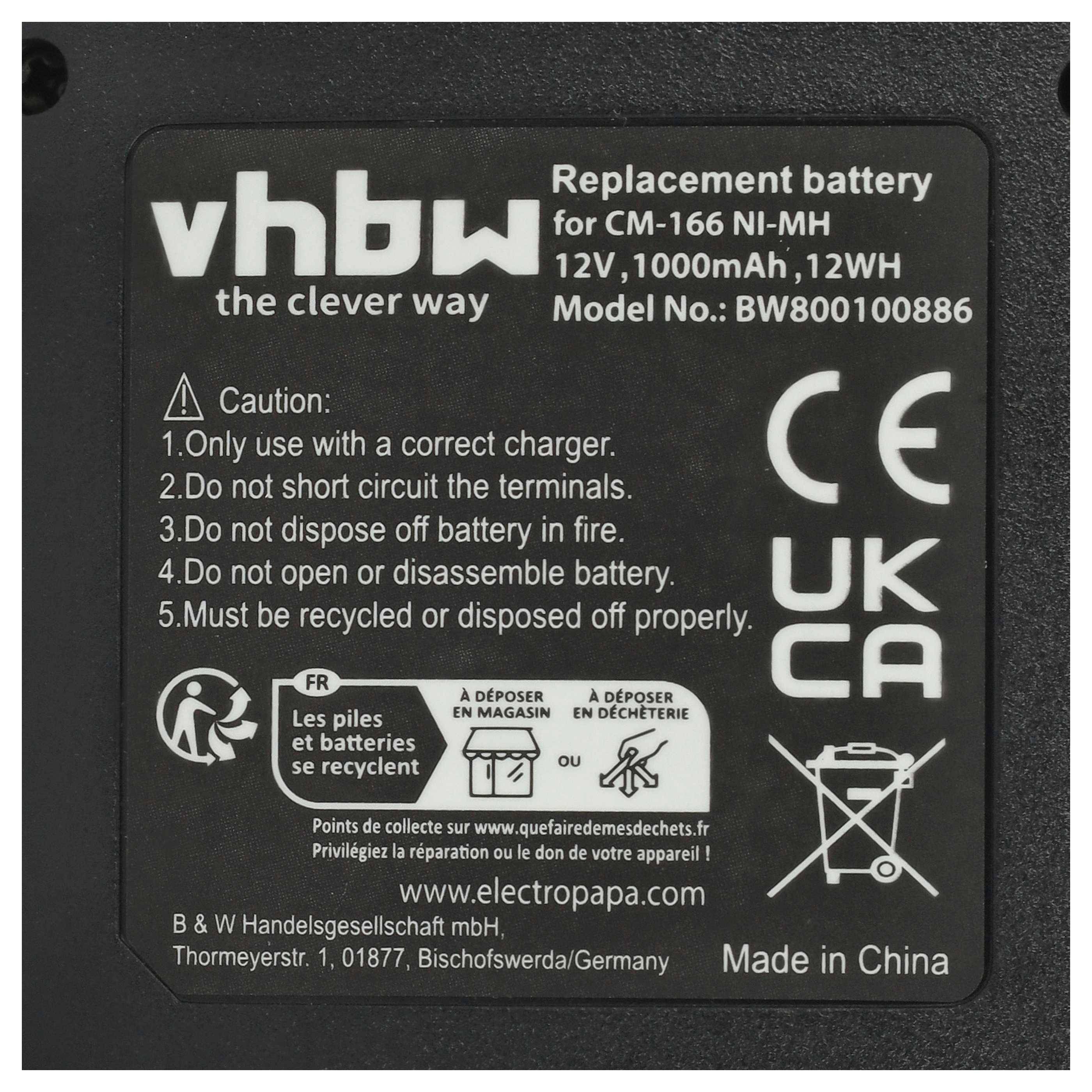 vhbw, die intelligente Lösung. Ersatzbatterie für CM-166 NI-MH, 12V, 1000mAh, 12Wh. Modellnummer: BW800100886. Vorsicht beinhaltet die Verwendung des korrekten Ladegeräts, Vermeidung von Kurzschlüssen und sachgemäße Entsorgung. CE und UKCA gekennzeichnet.