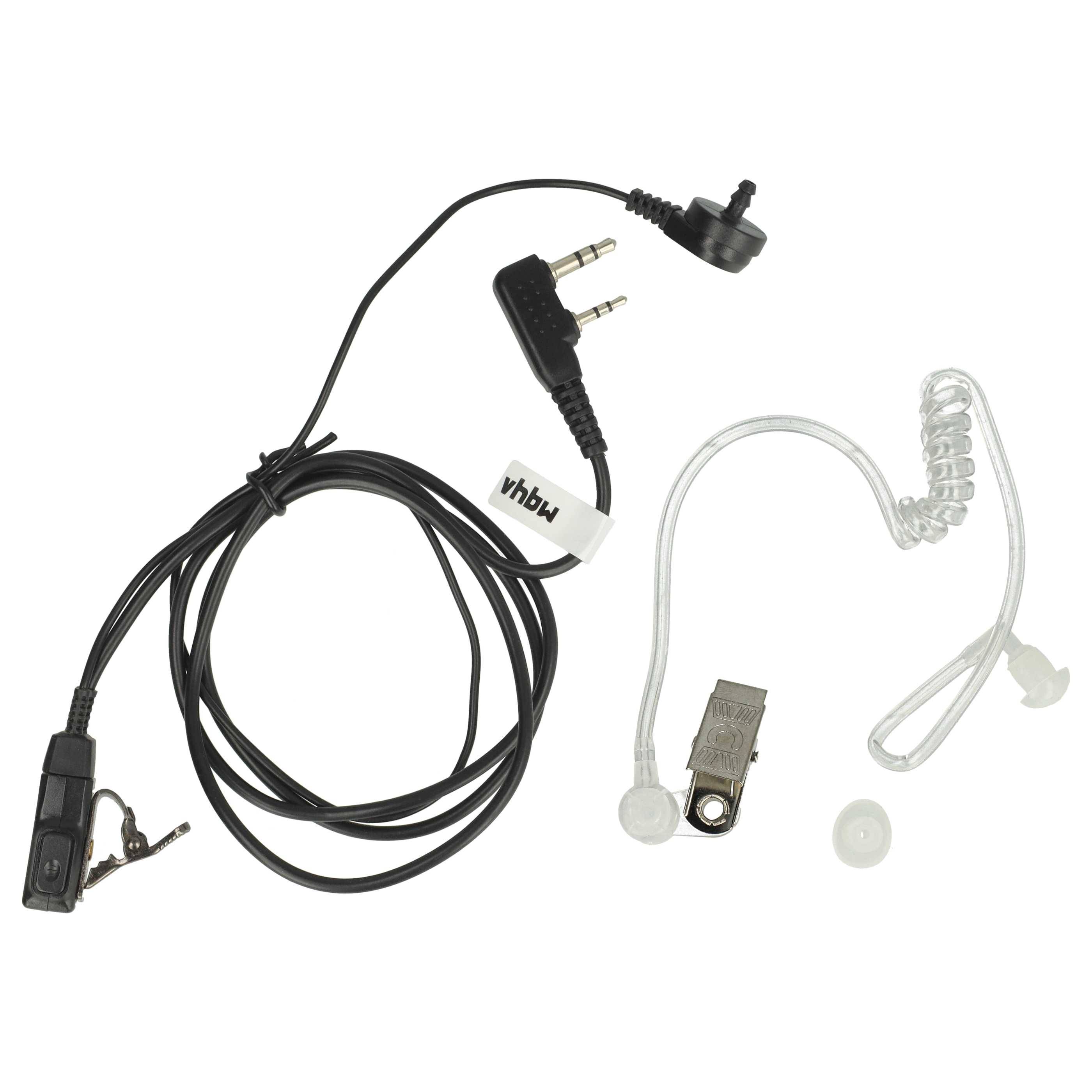 Ein Zweiadstecker-Headset mit schwarzer Verdrahtung und transparentem Ohrhörer, inklusive Befestigungsclip, geeignet für Zweiweg-Funkgeräte.