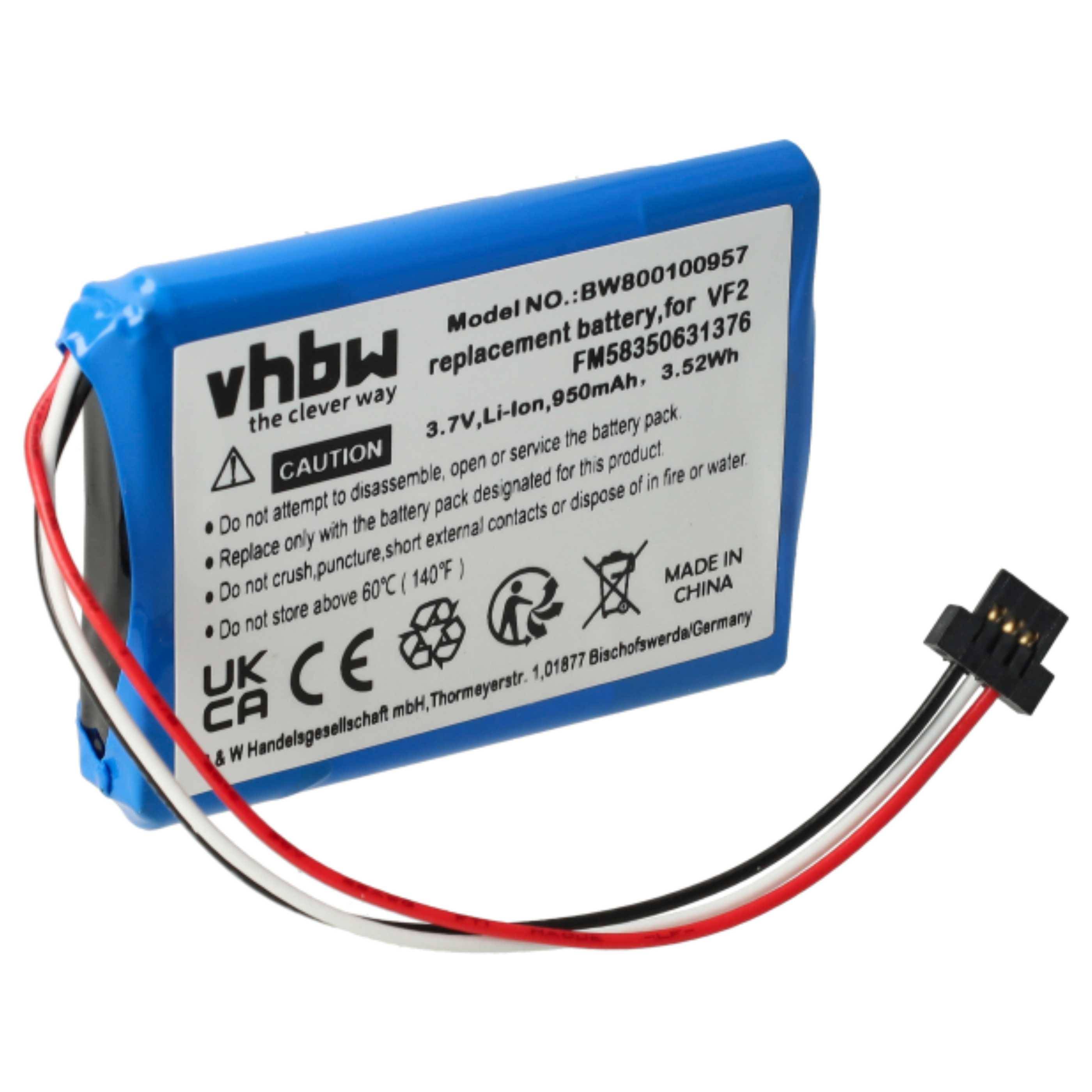 Eine blaue rechteckige Lithium-Ionen-Ersatzbatterie mit Drähten und Etikett, das die Modellnummer „BWB00100957