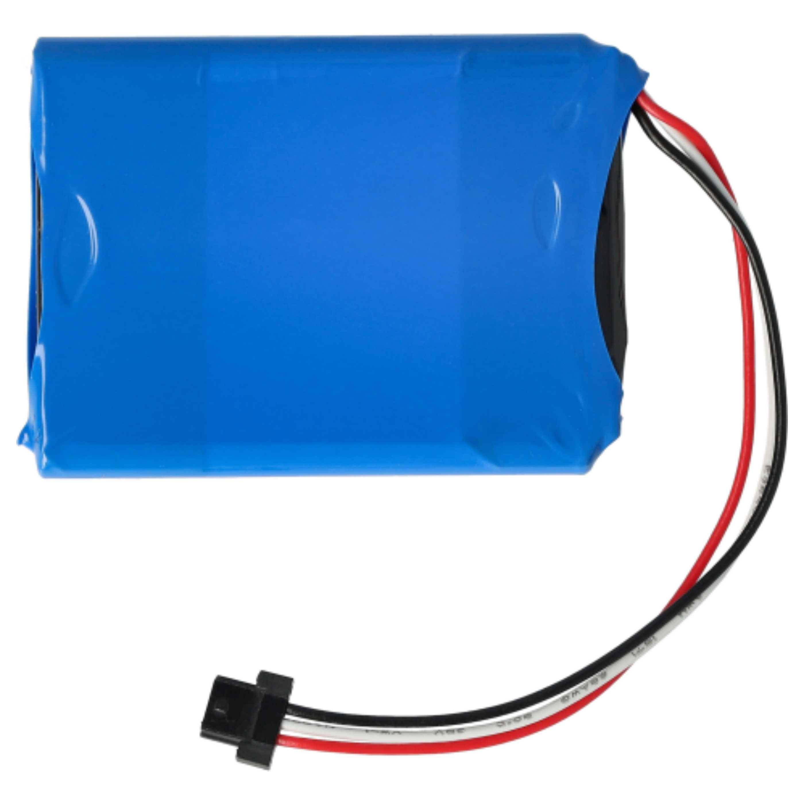 Ein blauer wiederaufladbarer Batteriepack mit schwarzen, roten und weißen Kabeln und einem Anschluss.