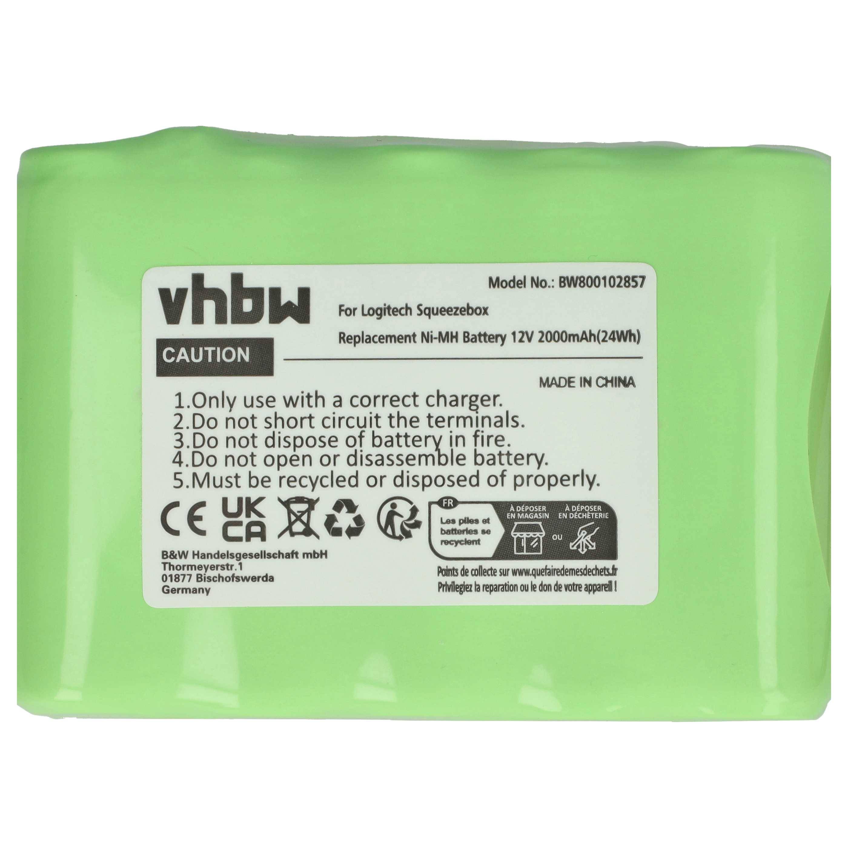 Grünes vhbw Ersatz-Ni-MH Akku-Set mit Kennzeichnung für Logitech Squeezebox, 12V 2000mAh, mit Warn- und Recycling-Hinweisen.