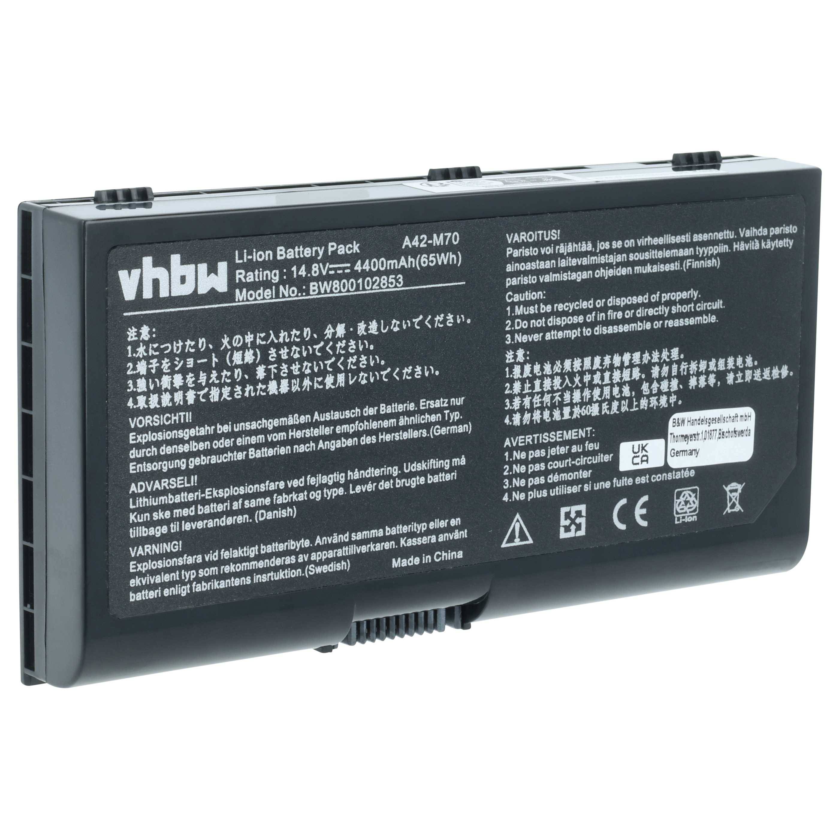 Ein rechteckiger Lithium-Ionen-Akkupack mit Beschriftungen in mehreren Sprachen, die Sicherheitswarnungen, technische Spezifikationen und Gebrauchsanweisungen enthalten.