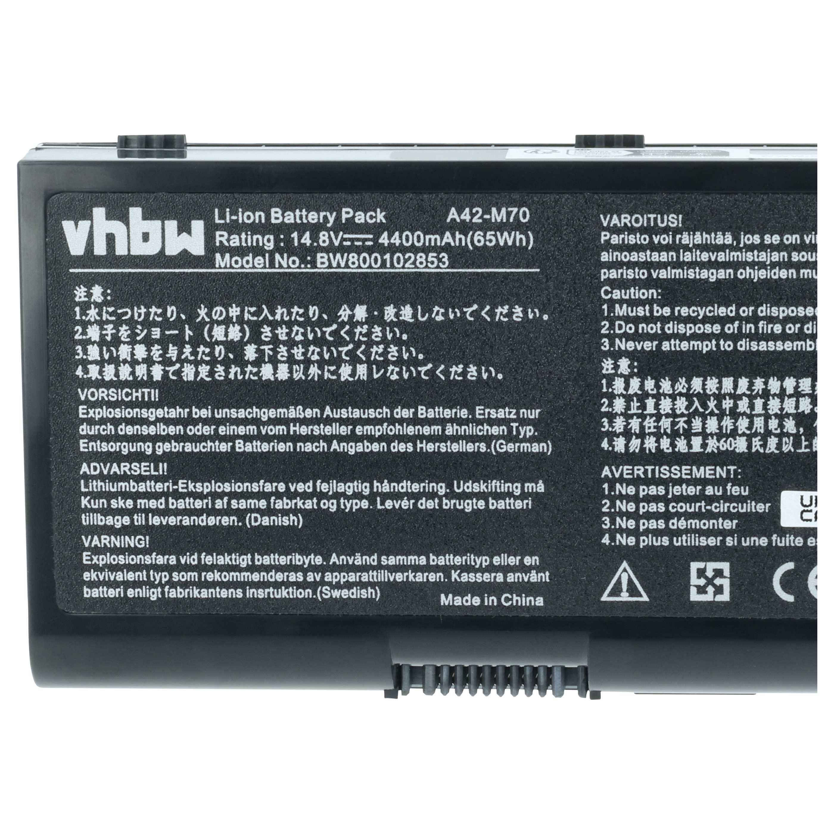 Schwarzer vhbw Li-Ionen-Akkupack mit Bezeichnung A42-M70, 14,8V 4400mAh, mit mehrsprachigen Sicherheitswarnungen und Recyclinganweisungen.