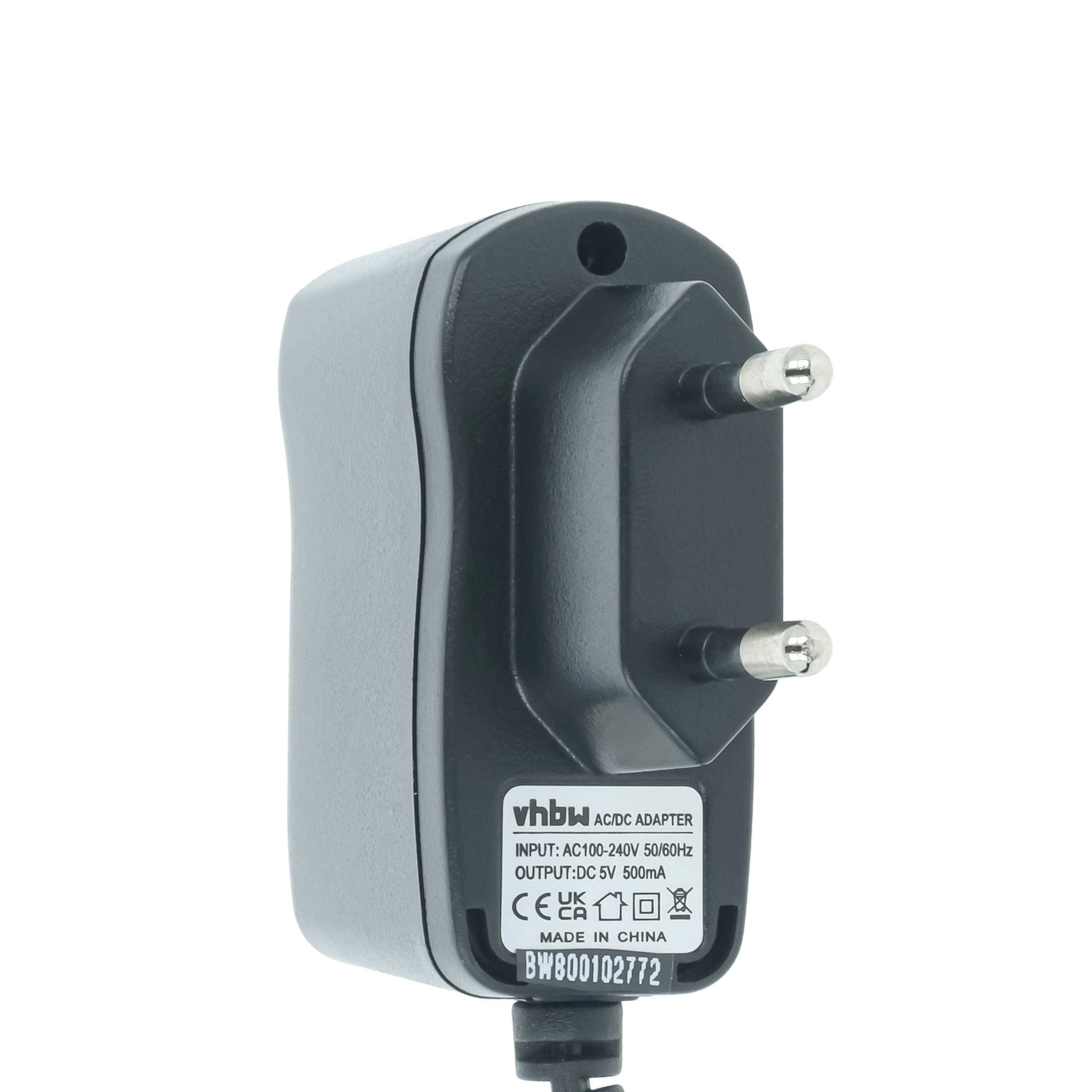 Schwarzer AC/DC-Wandadapter mit europäischem Stecker und zweipoliger Buchse, beschriftet mit 5V 500mA und „Made in China".