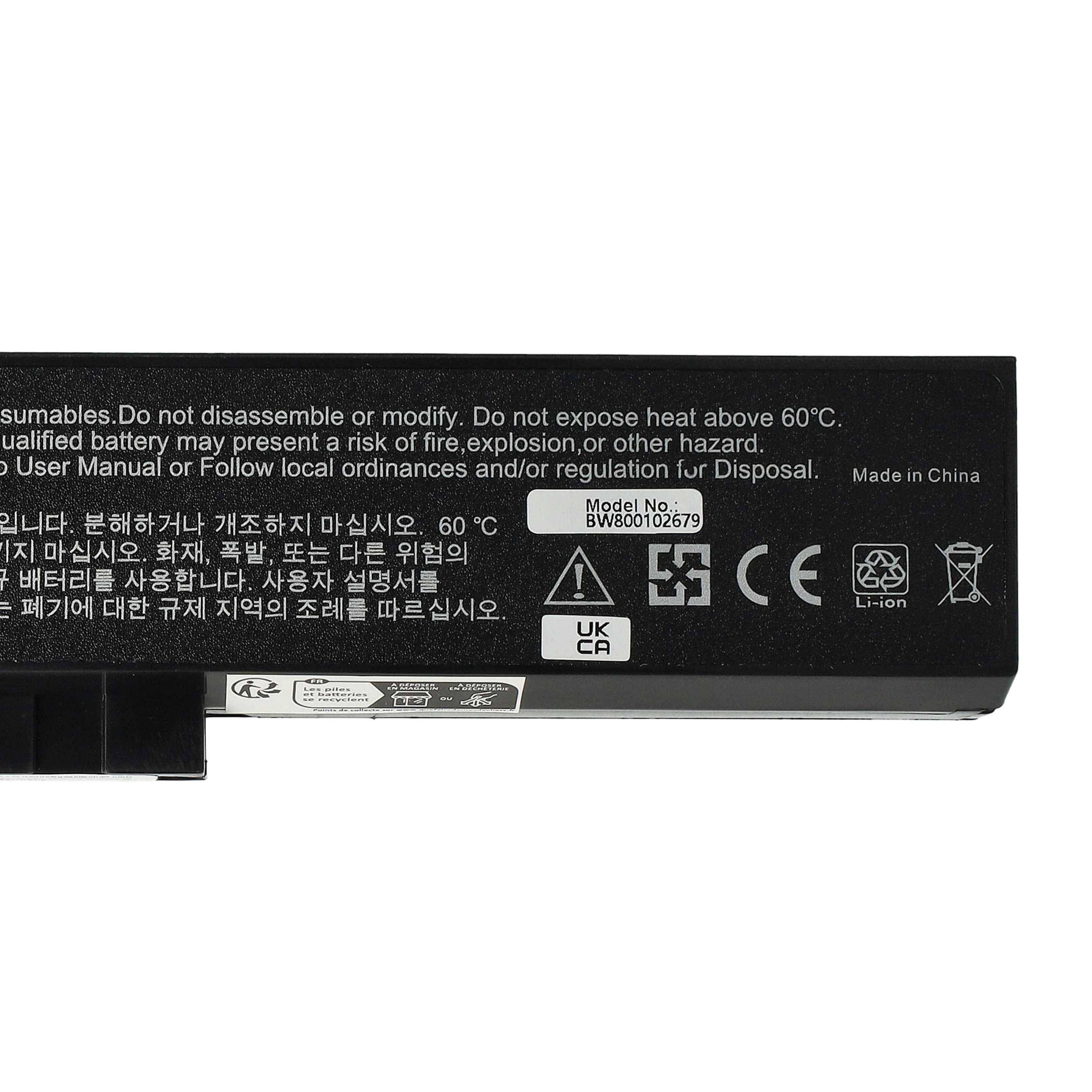 Schwarzes Batteriepaket-Etikett mit Sicherheitswarnungen, Modellnummer BW00102679, „Made in China