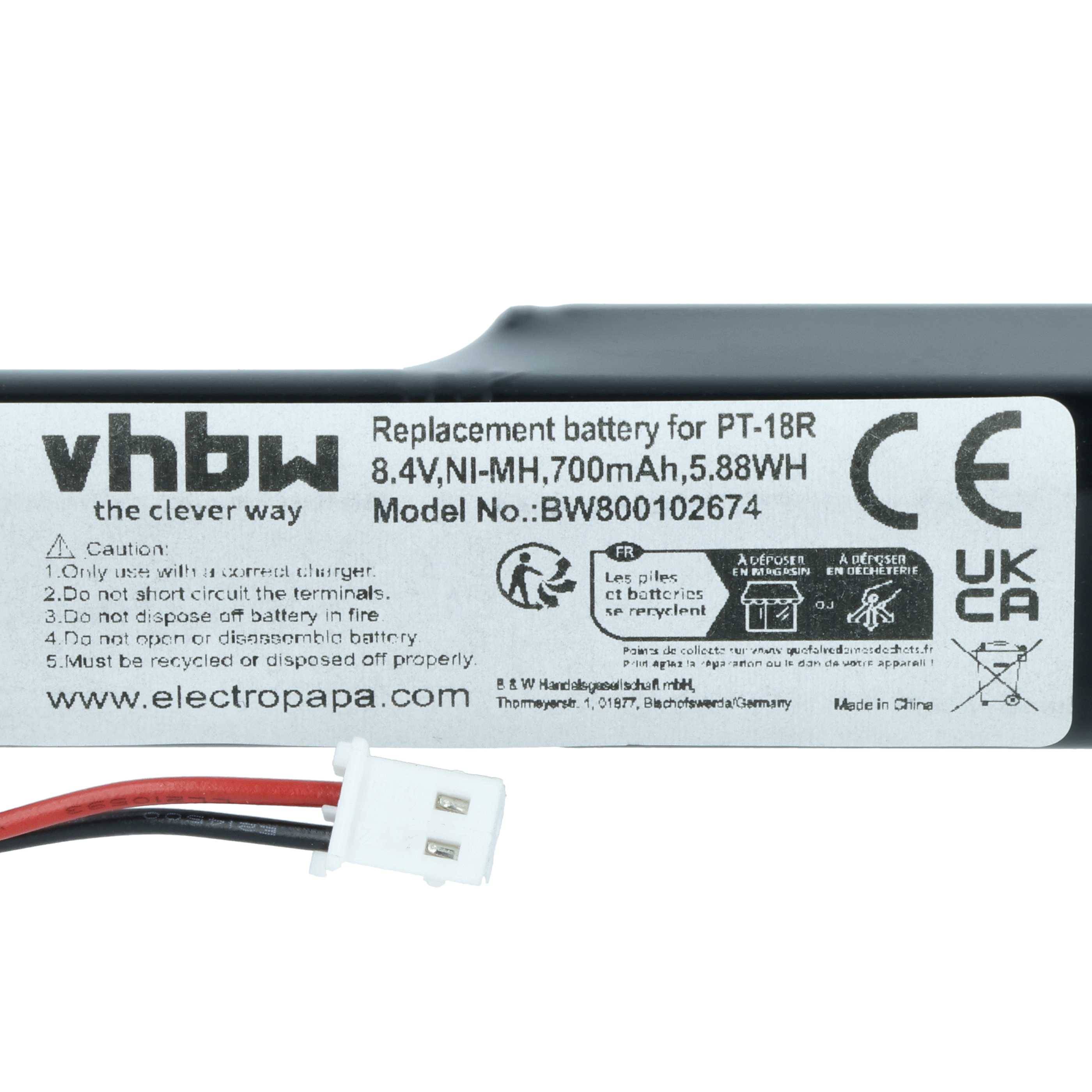 vhbw Akku kompatibel mit Brother P-Touch 18R, P-Touch PT-18RKT Drucker Kopierer Scanner Etiketten-Drucker (700 mAh, 8,4 V, NiMH)