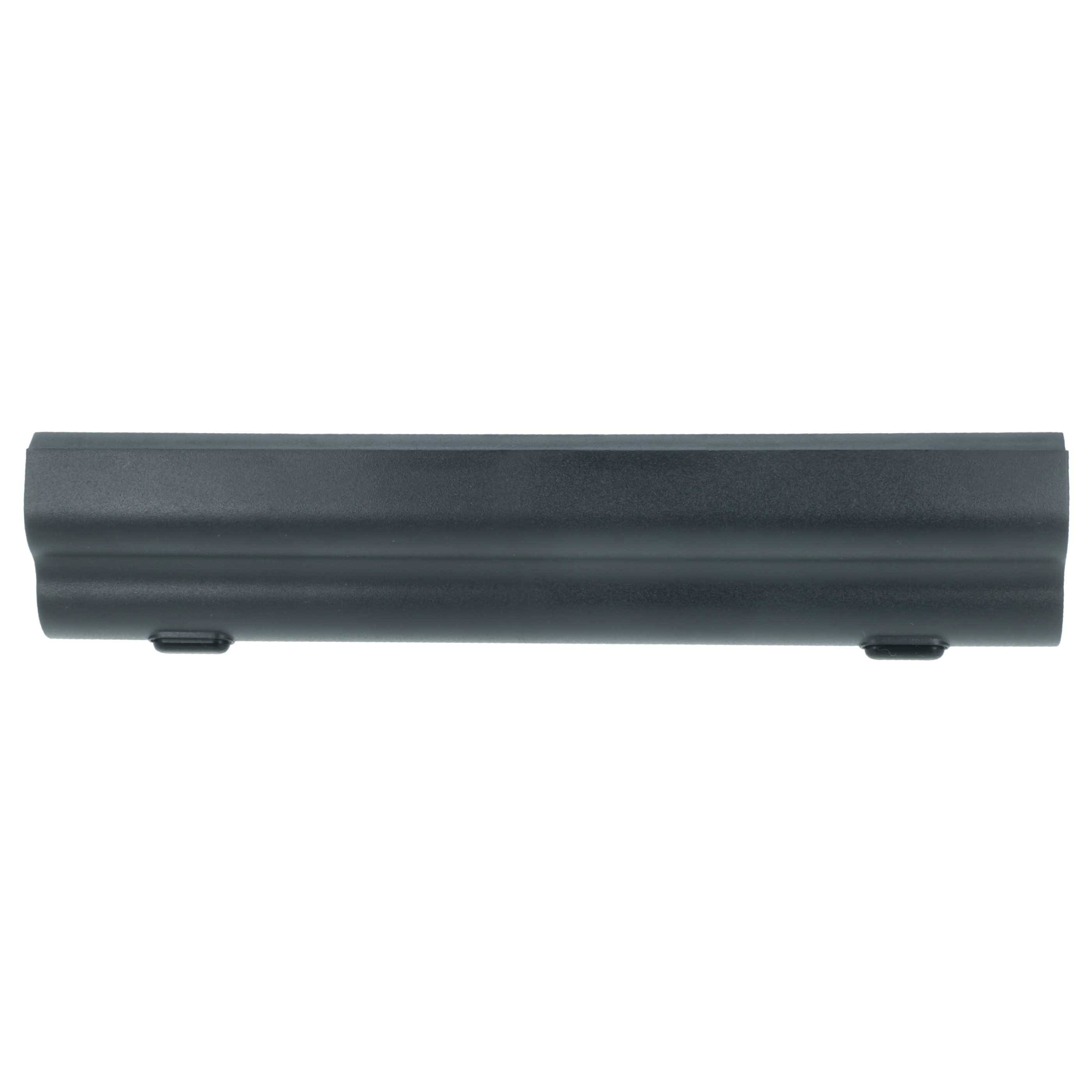 Eine schwarze, zylindrische Laptop-Batterie, von der Seite betrachtet, die ihre längliche Form mit zwei kleinen Clips an der Basis zeigt.