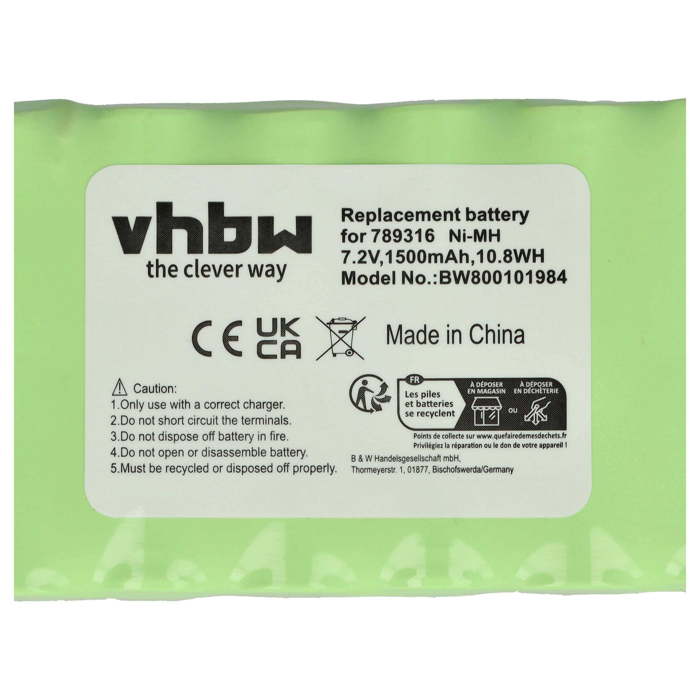 vhbw Ersatzbatterie für 789316, Ni-MH, 7,2V, 1500mAh, 10,8Wh. Modellnummer: BW800101984. Hergestellt in China. Enthält Sicherheitswarnungen.