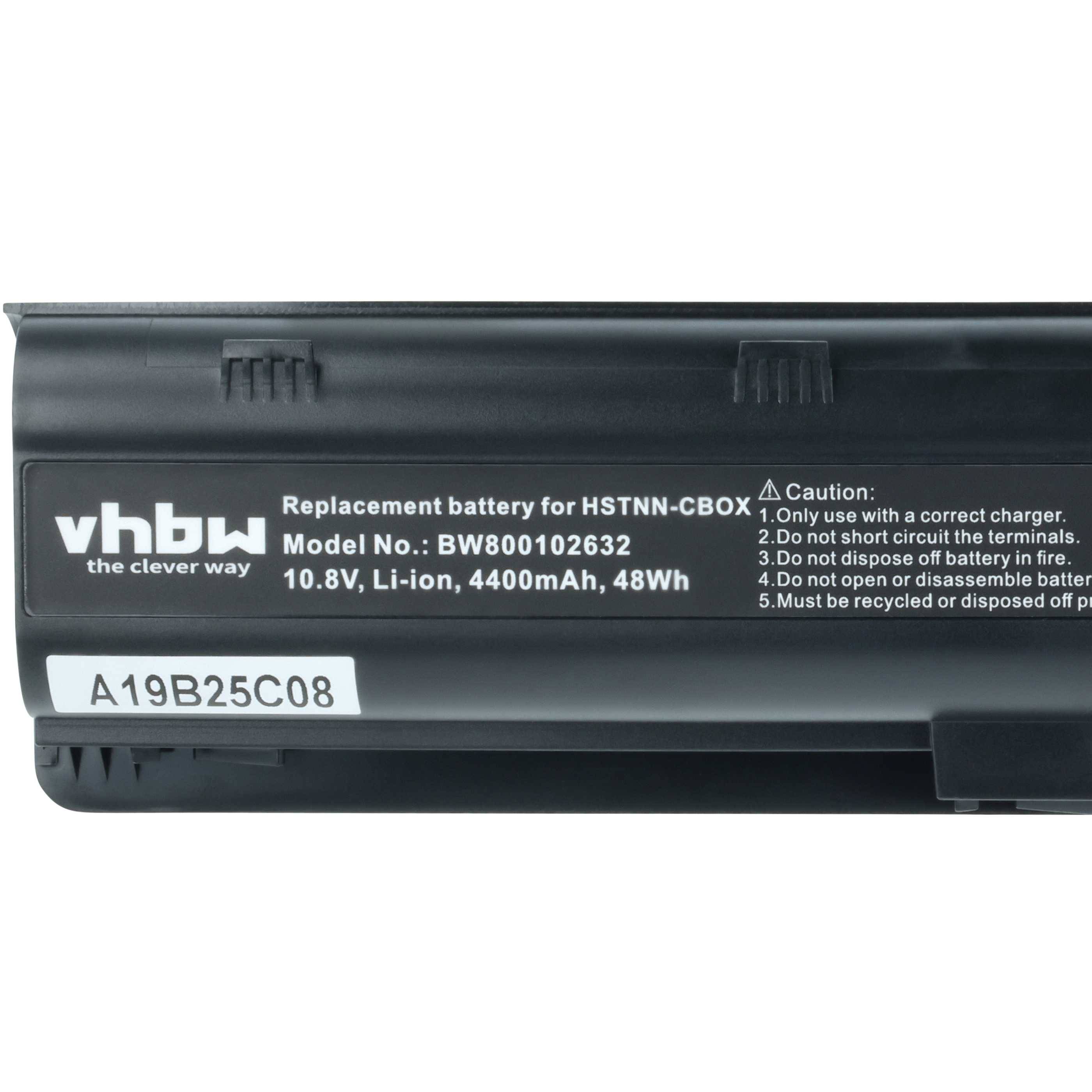 Ersatzbatterie für HSTNN-CBOX, Modell BW80102632, 10,8V, 4400mAh, 48Wh. Die Sicherheitsanweisungen beinhalten die Verwendung des korrekten Ladegeräts.
