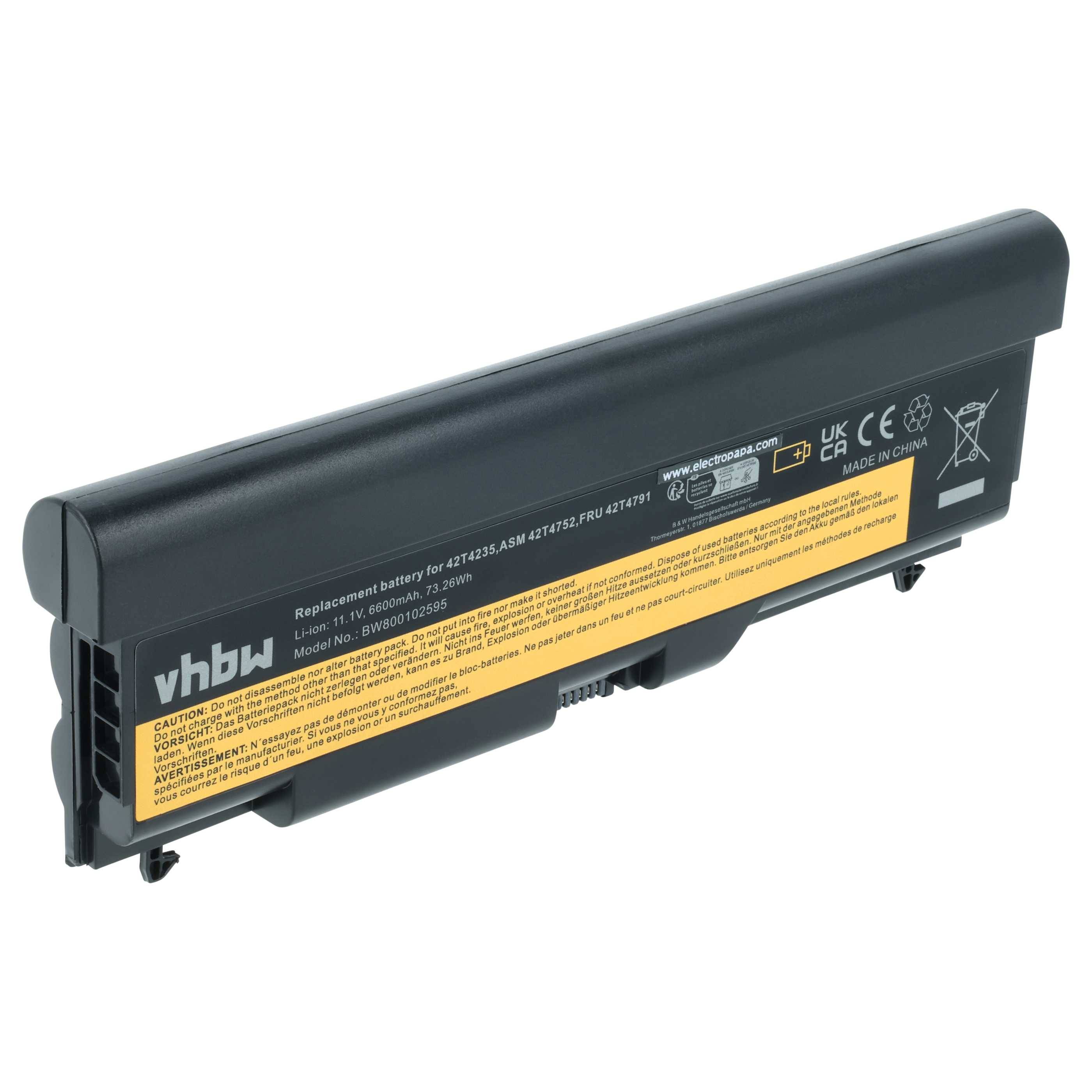 vhbw Akku Ersatz für Lenovo FRU 42T4712, FRU 42T4708, FRU 42T4710, FRU 42T4706 für Notebook (6600 mAh, 10,8 V, Li-Ion)
