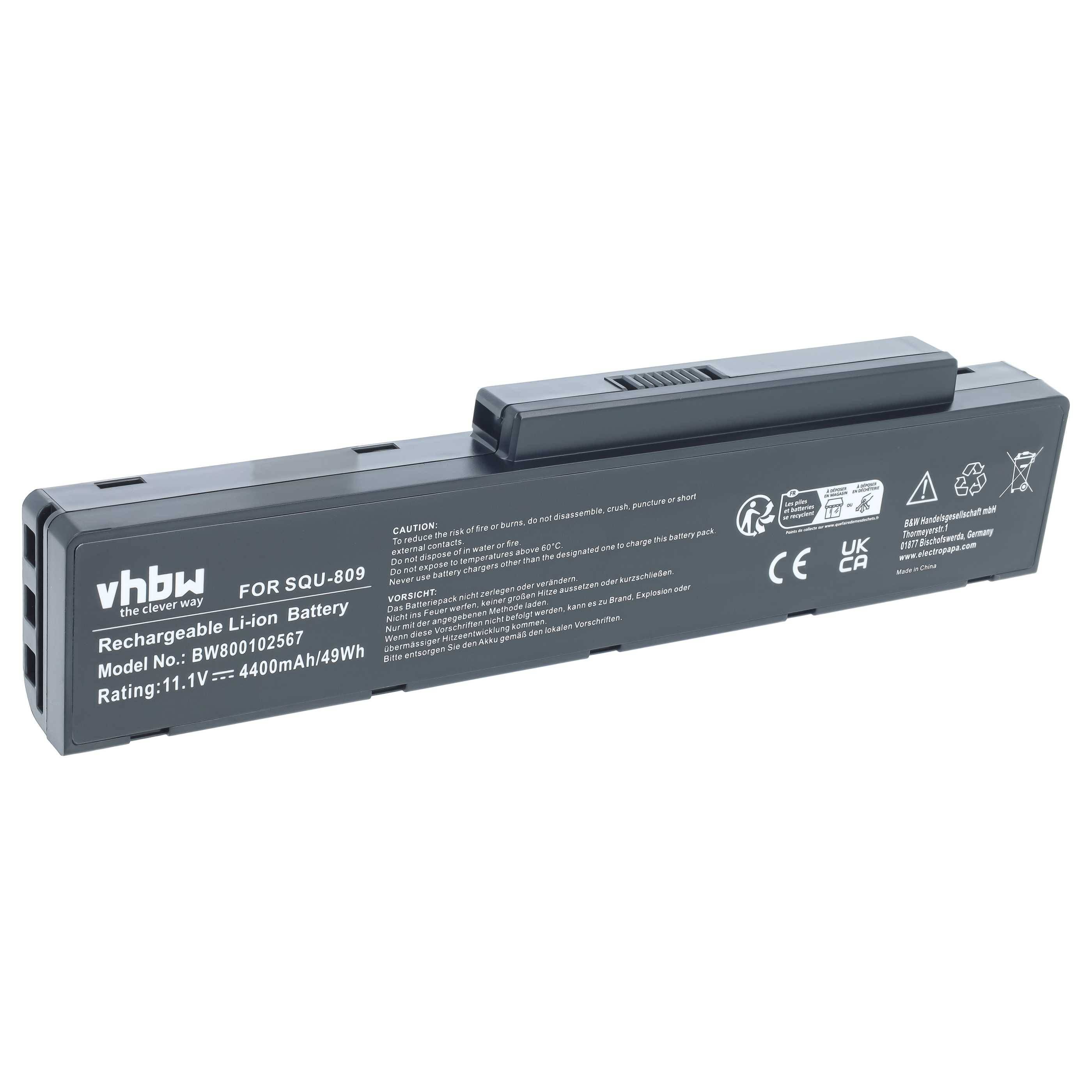 Schwarzer wiederaufladbarer Laptop-Akku mit vhbw-Kennzeichnung für SUQ-809, 11,1V 4400mAh, auf weißem Hintergrund dargestellt.