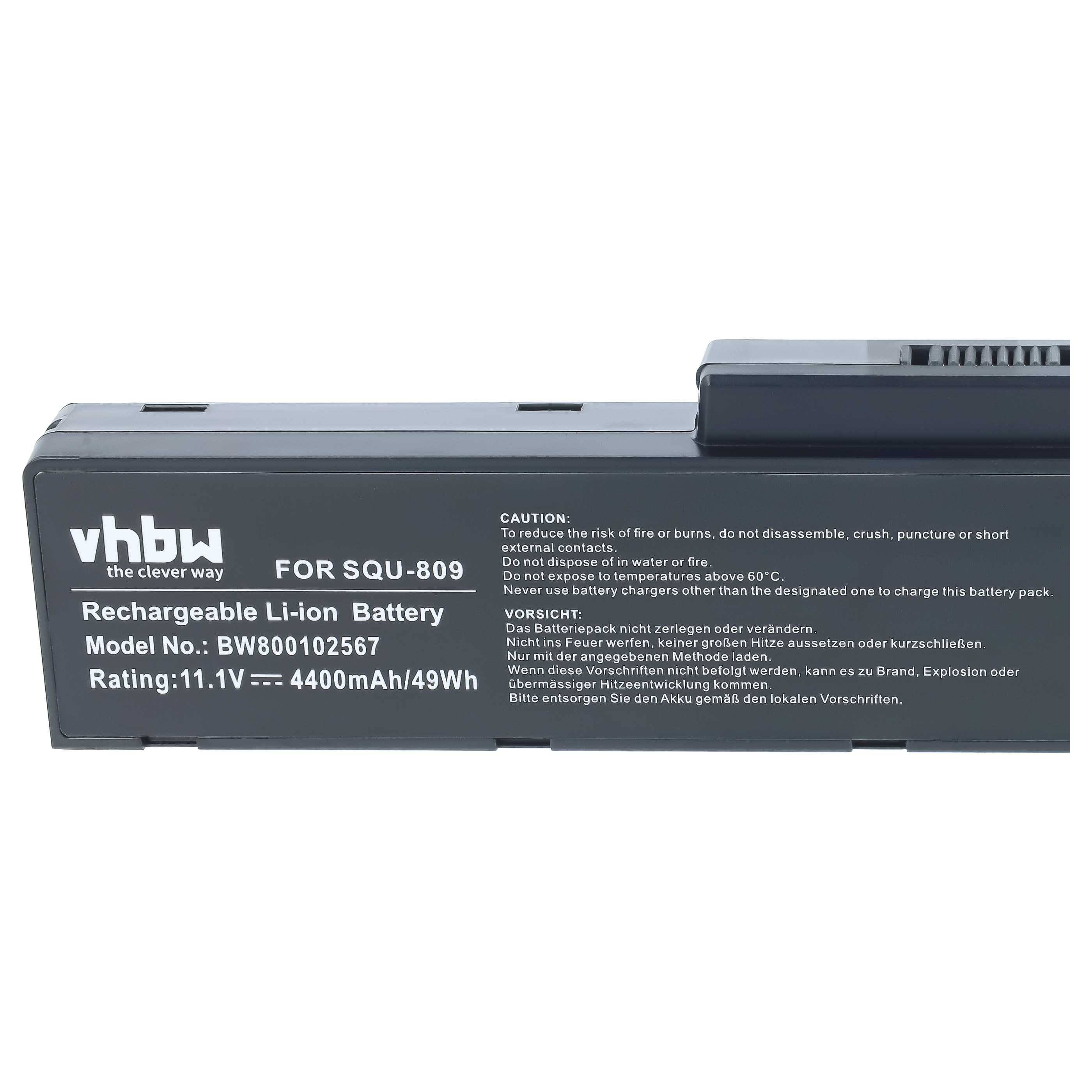 Schwarzes wiederaufladbares Lithium-Akkupack mit Bezeichnung „vhbw" für SUQ-809, 11,1V 4400mAh/49Wh, mit Warntext.