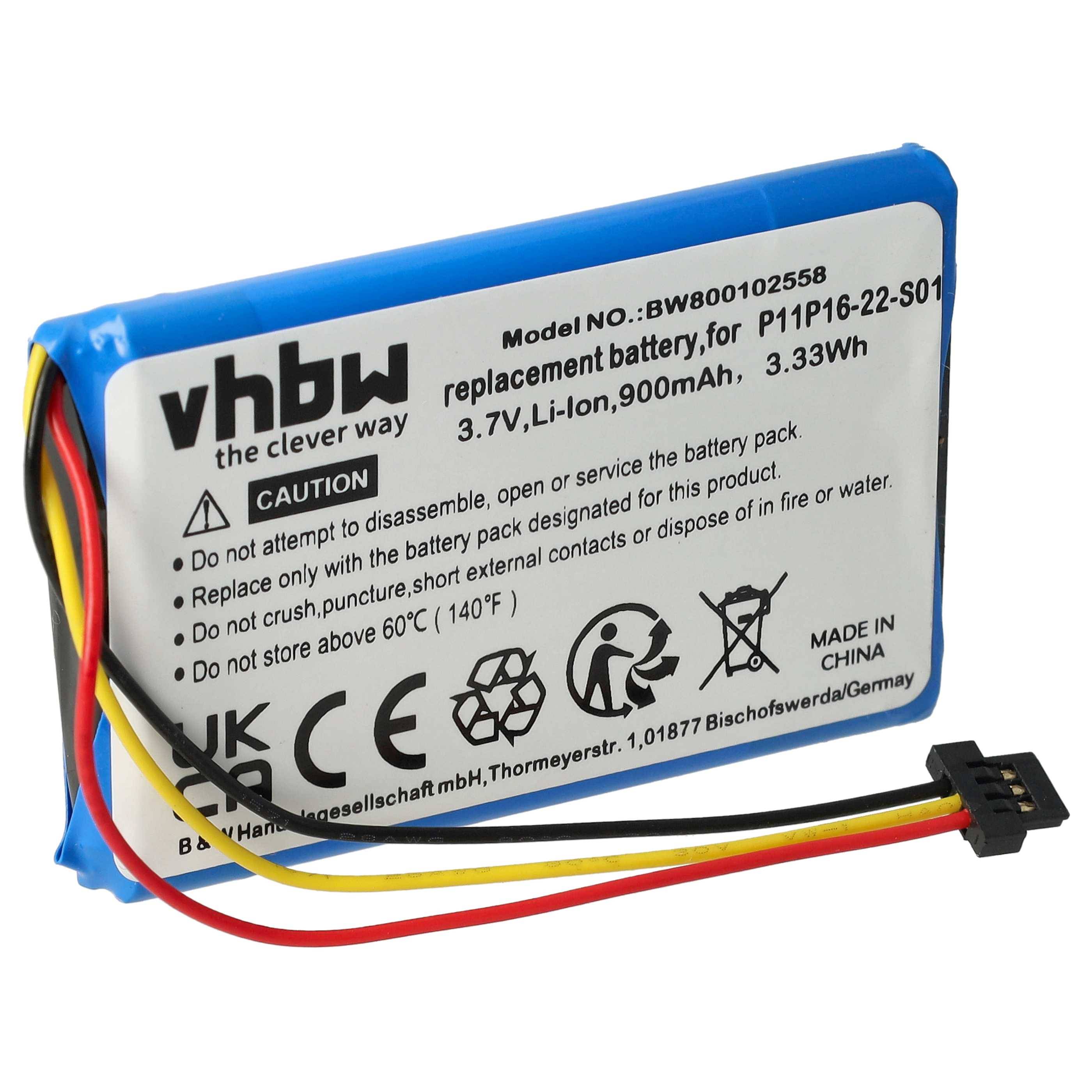 vhbw Akku kompatibel mit TomTom 4ET0.002.07, Start XL GPS Navigation Navi (900 mAh, 3,7 V, Li-Ion) - Ersatz für P11P16-22-S01, S4IP016702174