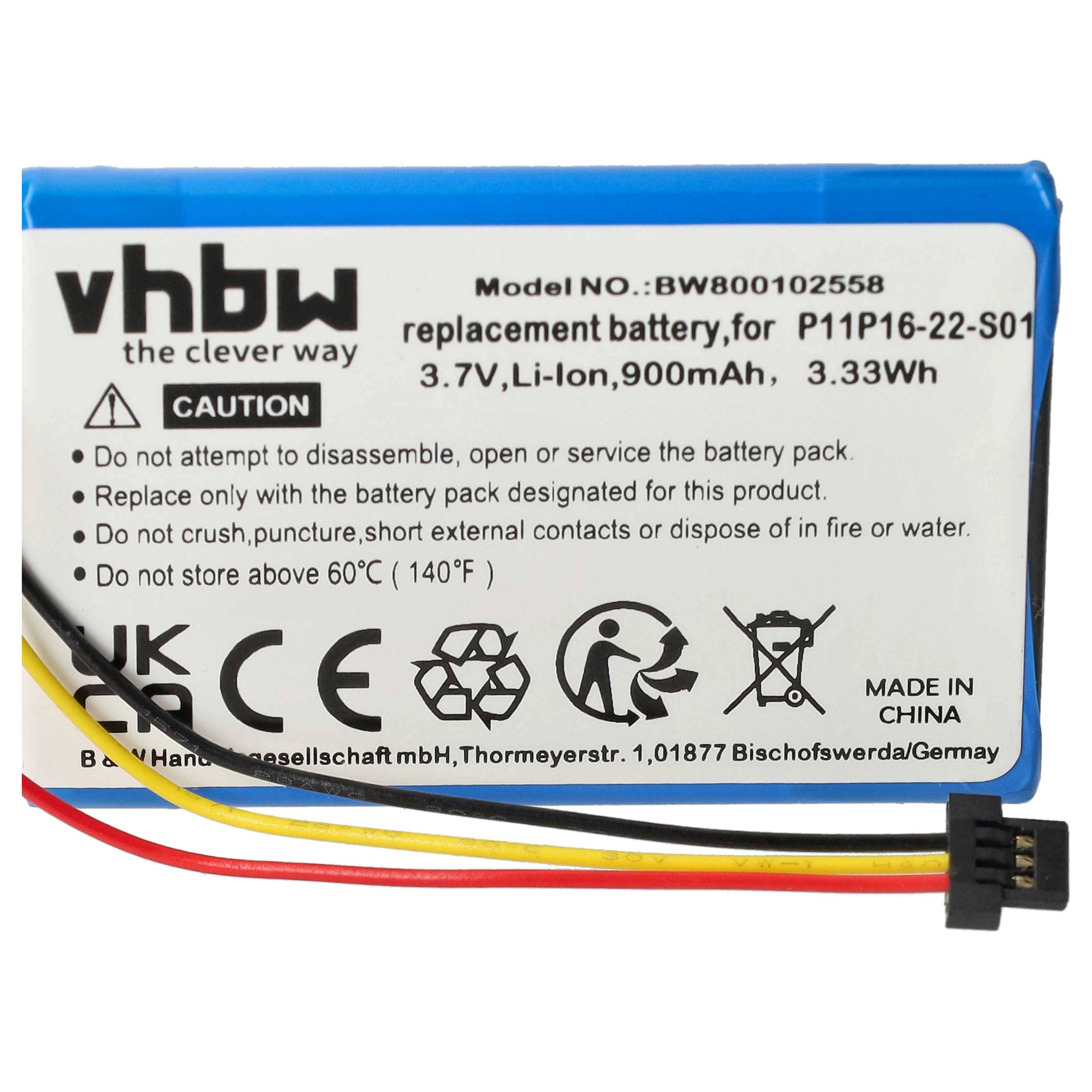 Batterieetikett mit Spezifikationen: 'vhbw', 3,7V, 900mAh, Li-Ionen, 3,33Wh. Enthält Verwendungswarnungen, Recycling-Symbole und 'Made in China'.