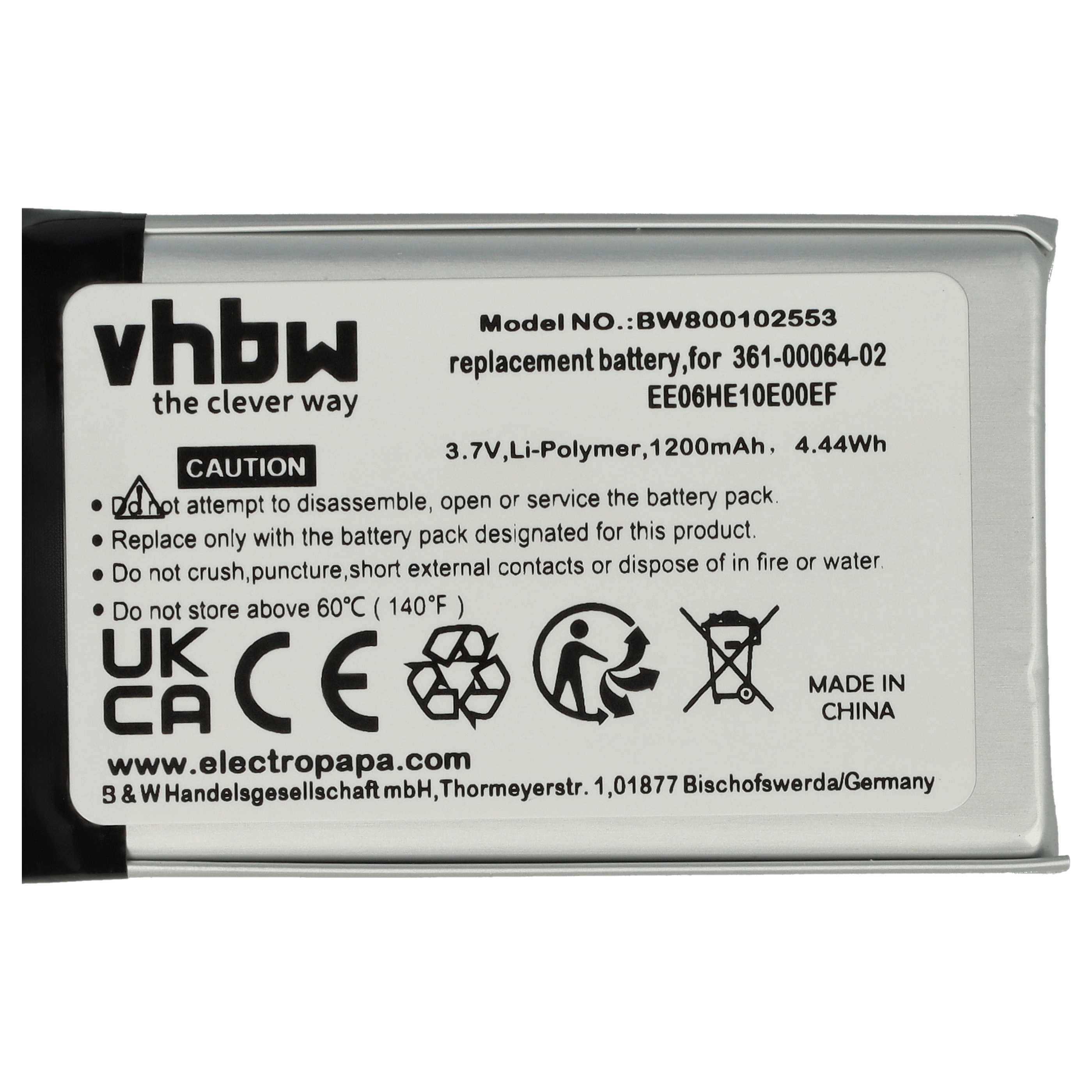 vhbw Akku kompatibel mit Garmin Nüvi 3760T, 3760, 361-00046-02, 3790, 3700, 3750 GPS Navigation Navi (1200 mAh, 3,7 V, Li-Polymer)