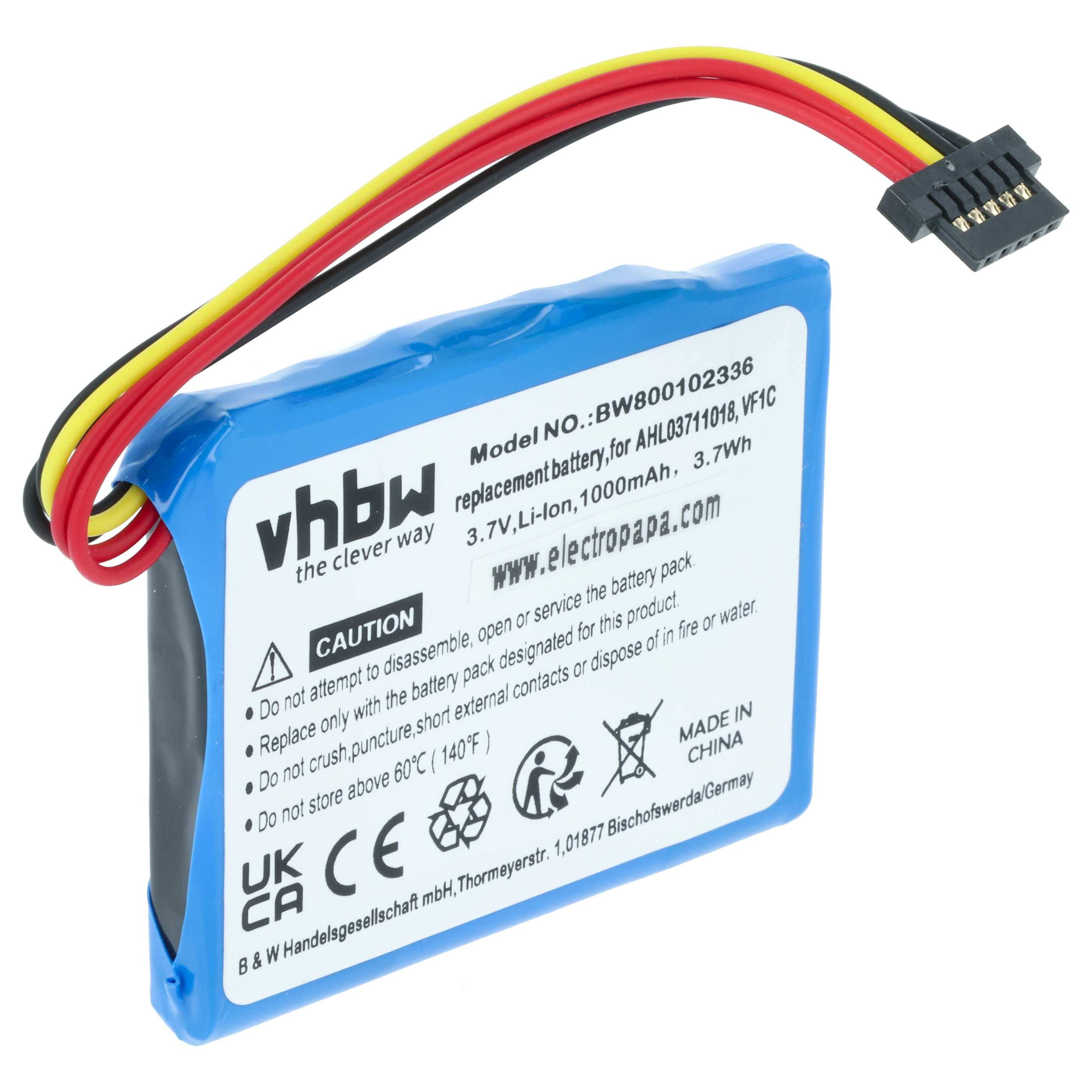 Eine blaue Lithium-Ionen-Batterie mit der Beschriftung 'vhbw, Ersatzbatterie für AHL03711018, 3,7V, 1000mAh'. Warnhinweise zur sachgemäßen Verwendung sind beigefügt.
