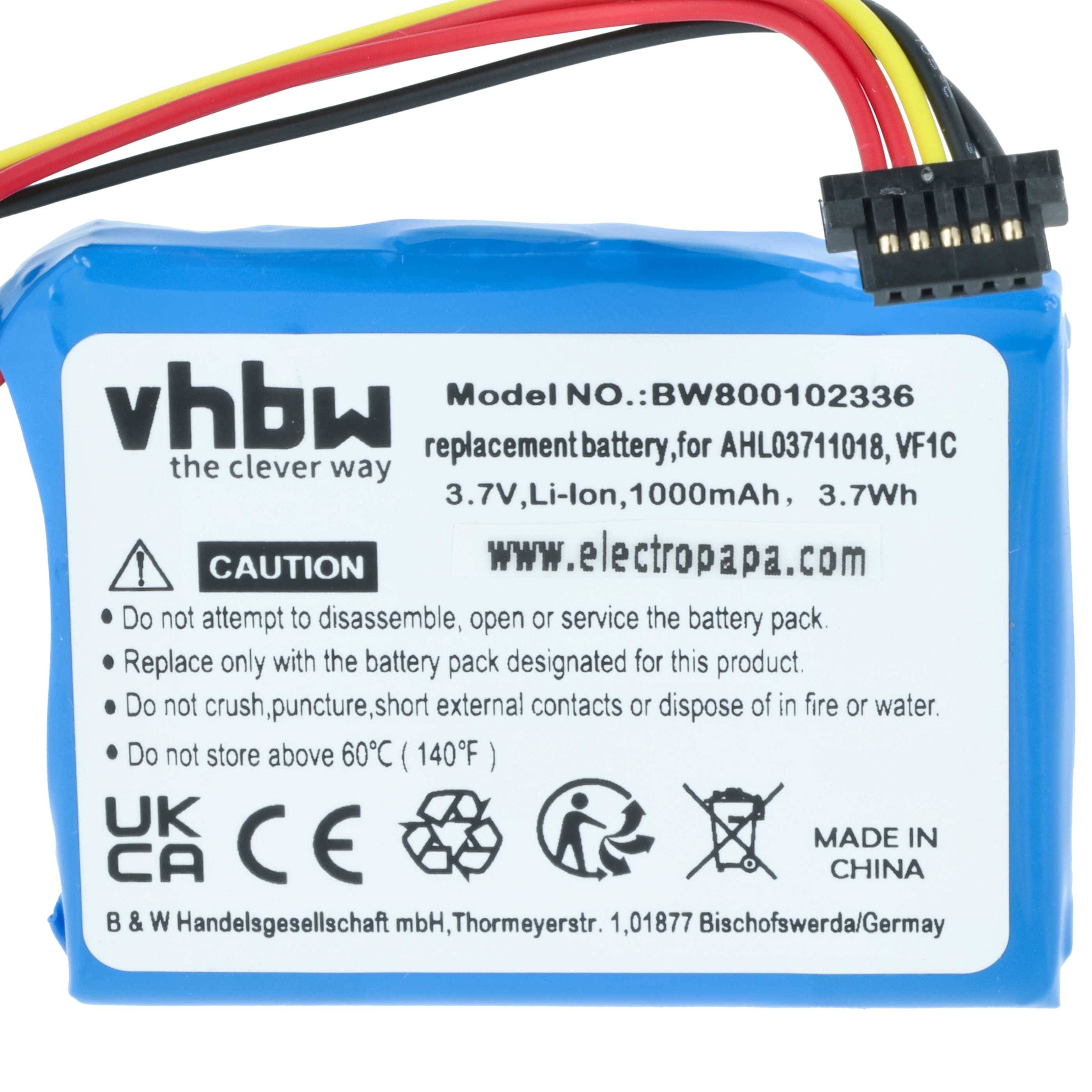 Batterie mit Bezeichnung 'vhbw', Modell BW800102336, 3,7V, Li-Ion, 1100mAh. Enthält Warnhinweis, nicht zu zerlegen oder Temperaturen über 60°C auszusetzen. Hergestellt in China.