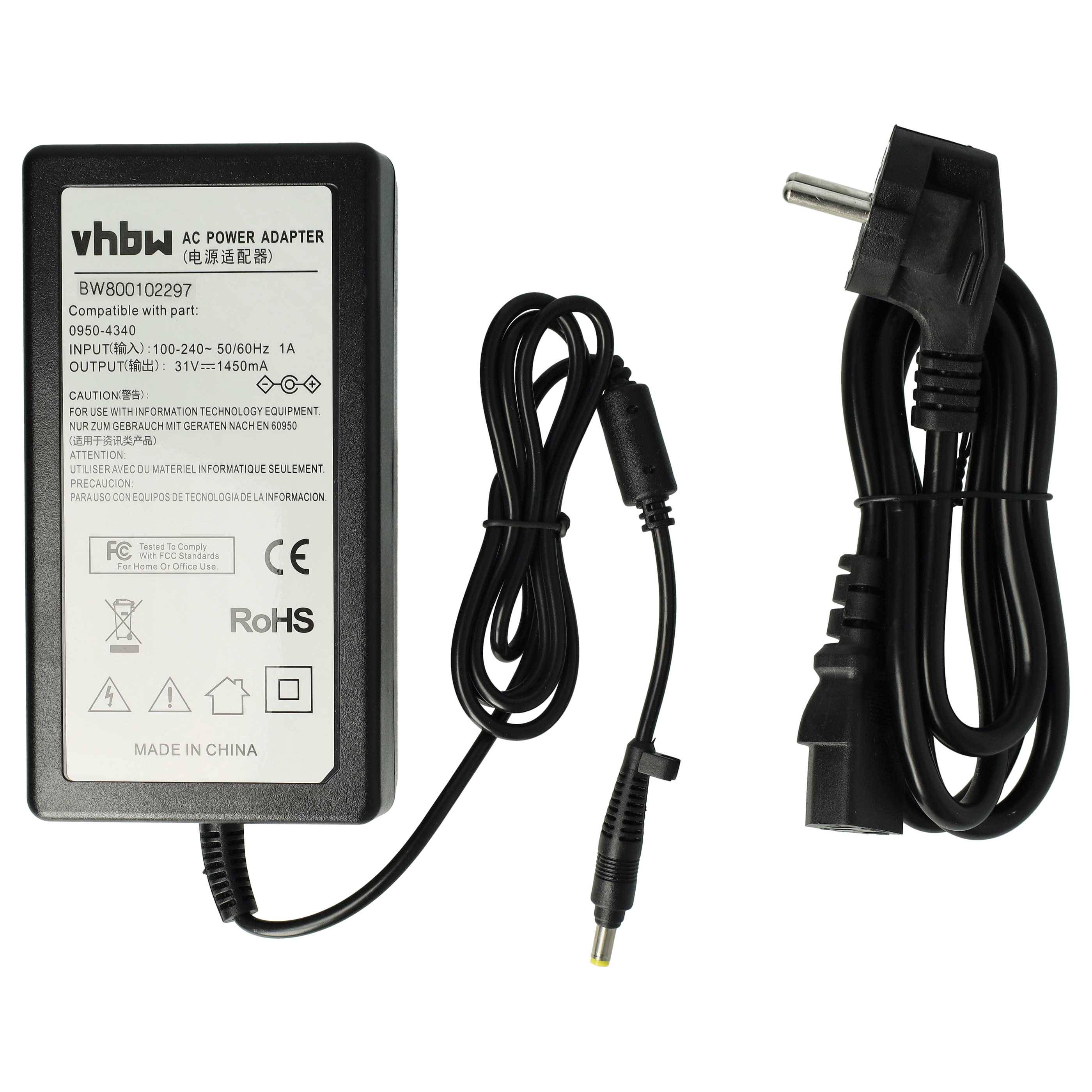 vhbw Netzteil mit angeschlossenem Kabel und Stecker, von vorne und von der Seite auf weißem Hintergrund dargestellt.