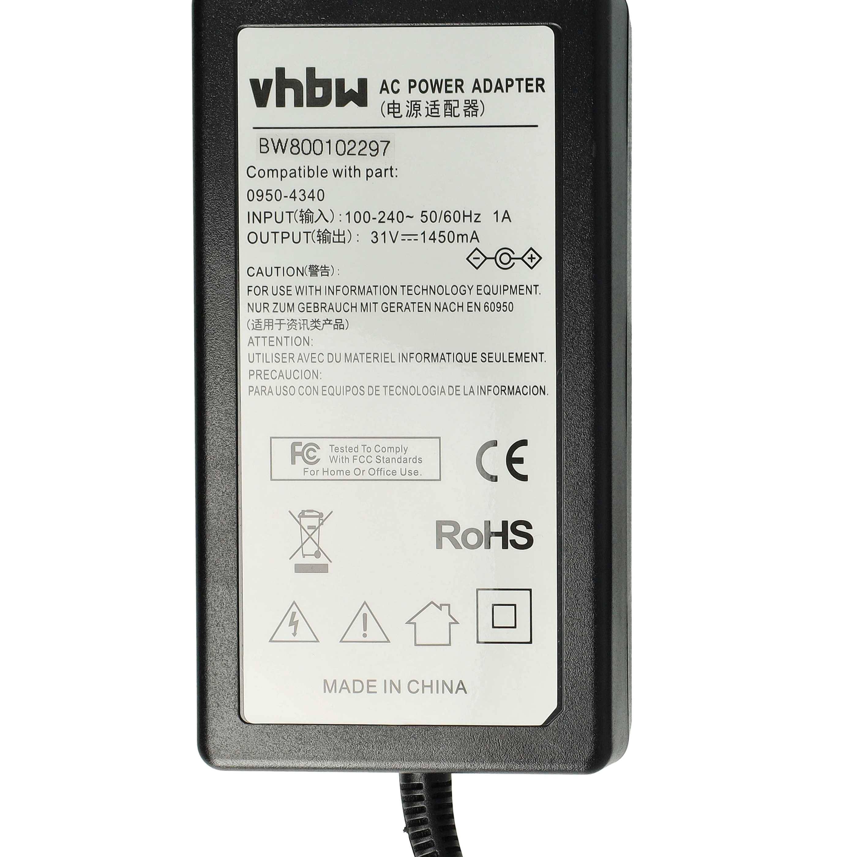 Schwarzes vhbw Netzteil-Etikett mit Eingabe 100-240V und Ausgabe 31V 1450mA, mit Konformitätszeichen und 