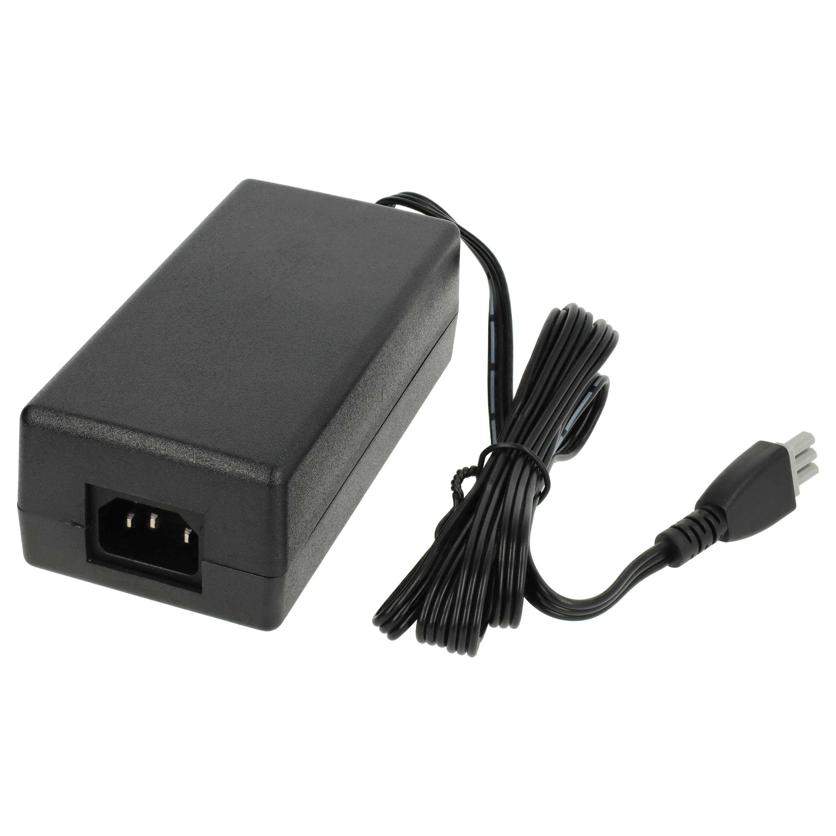 Schwarzer AC-Netzteil mit angeschlossenem Kabel und Stecker, dargestellt auf weißem Hintergrund.