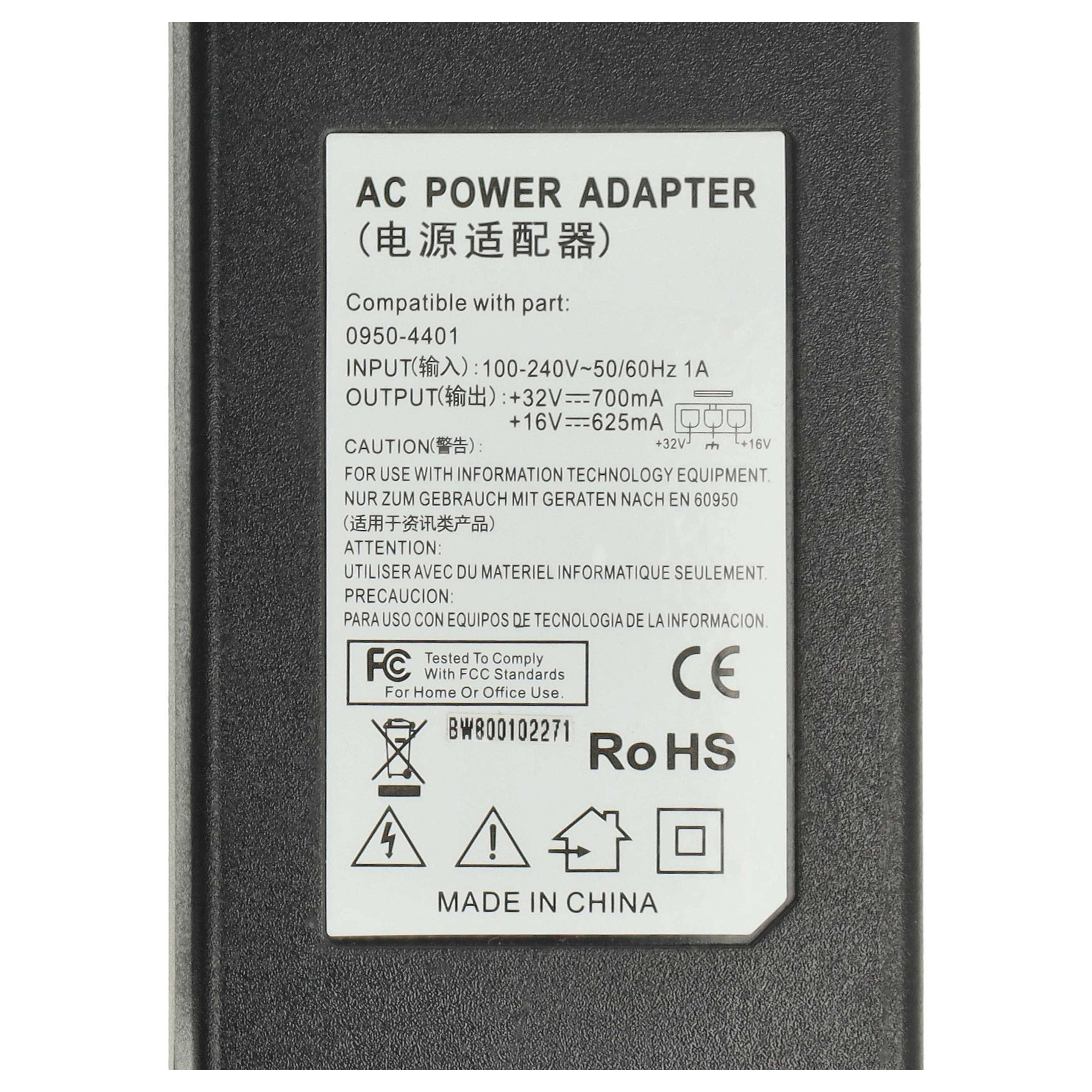 Etikett auf einem Netzteilzerstörer mit Eingang 100-240V~50/60Hz 1A, Ausgang +32V 700mA und +16V 625mA, mit Sicherheits- und Konformitätssymbolen.
