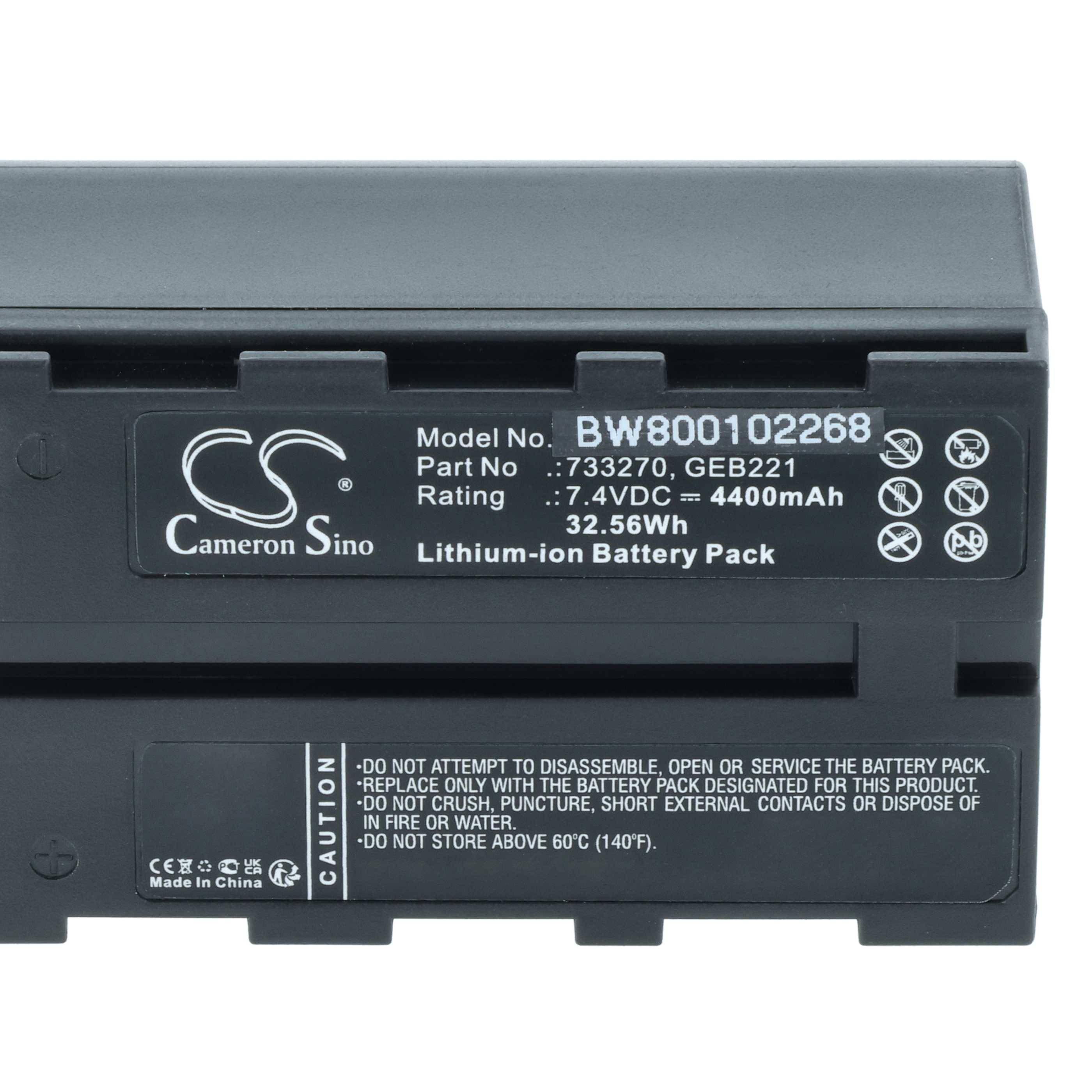 Lithium-Ionen-Akkupack, Modell BW80010226H, 7,4VDC, 4400mAh, von Cameron Sino. Artikelnummer: 733270, GEB221. Hergestellt in China. Vorsicht: Nicht zerlegen.