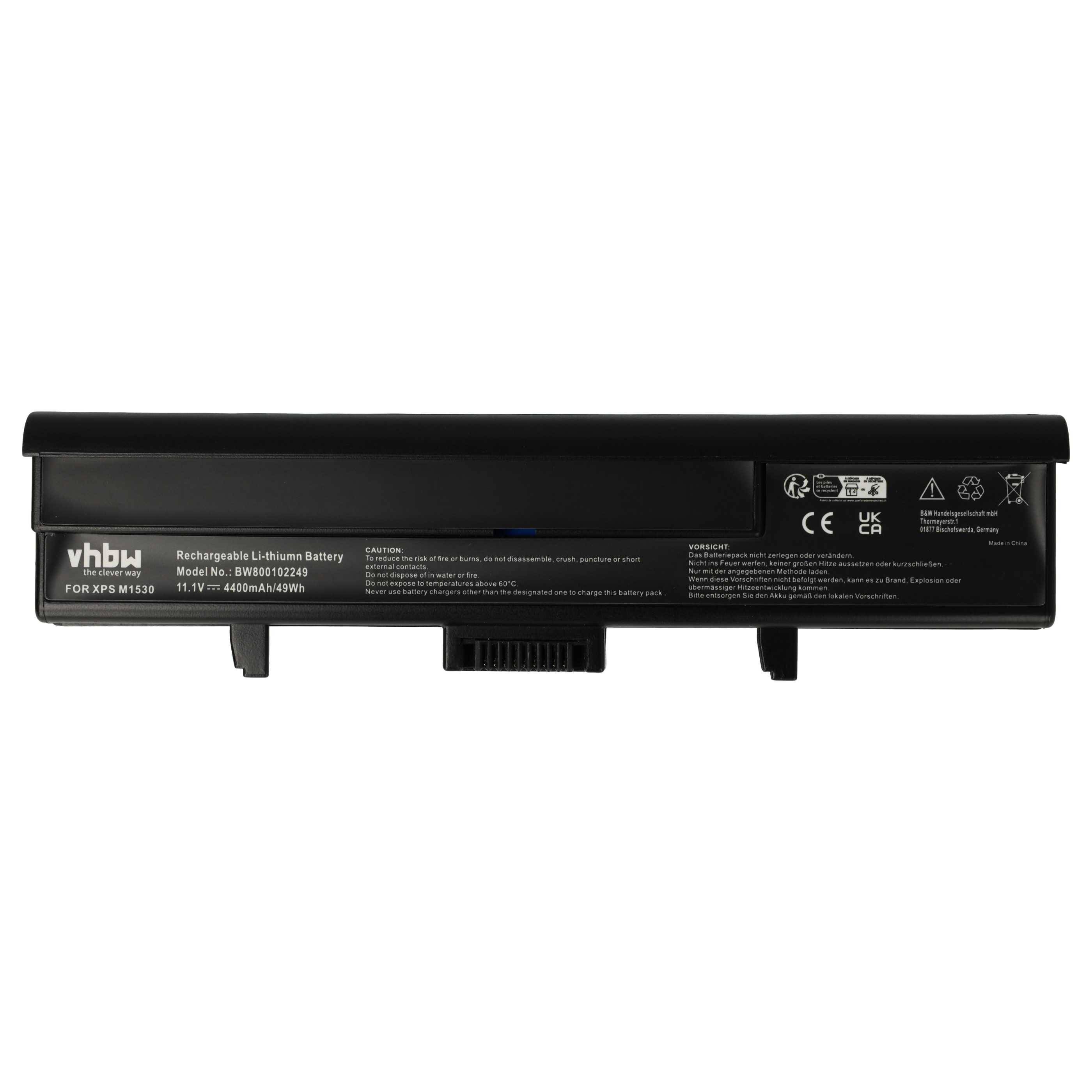 Ein wiederaufladbarer Lithium-Ionen-Akku für einen XPS M1530, mit Modellnummer, Spannung '11,1V' und Kapazität '4800mAh/53Wh'. Die Beschriftungen enthalten CE- und Recycling-Symbole.