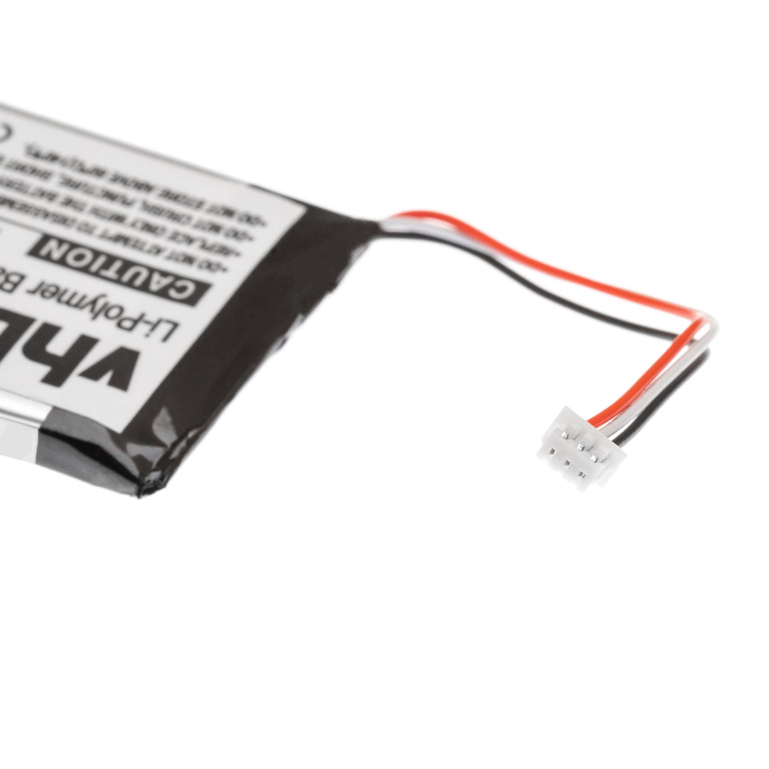 Eine kleine Li-Polymer-Batterie mit einem weißen Stecker und roten, schwarzen und weißen Drähten vor einem einfachen Hintergrund.