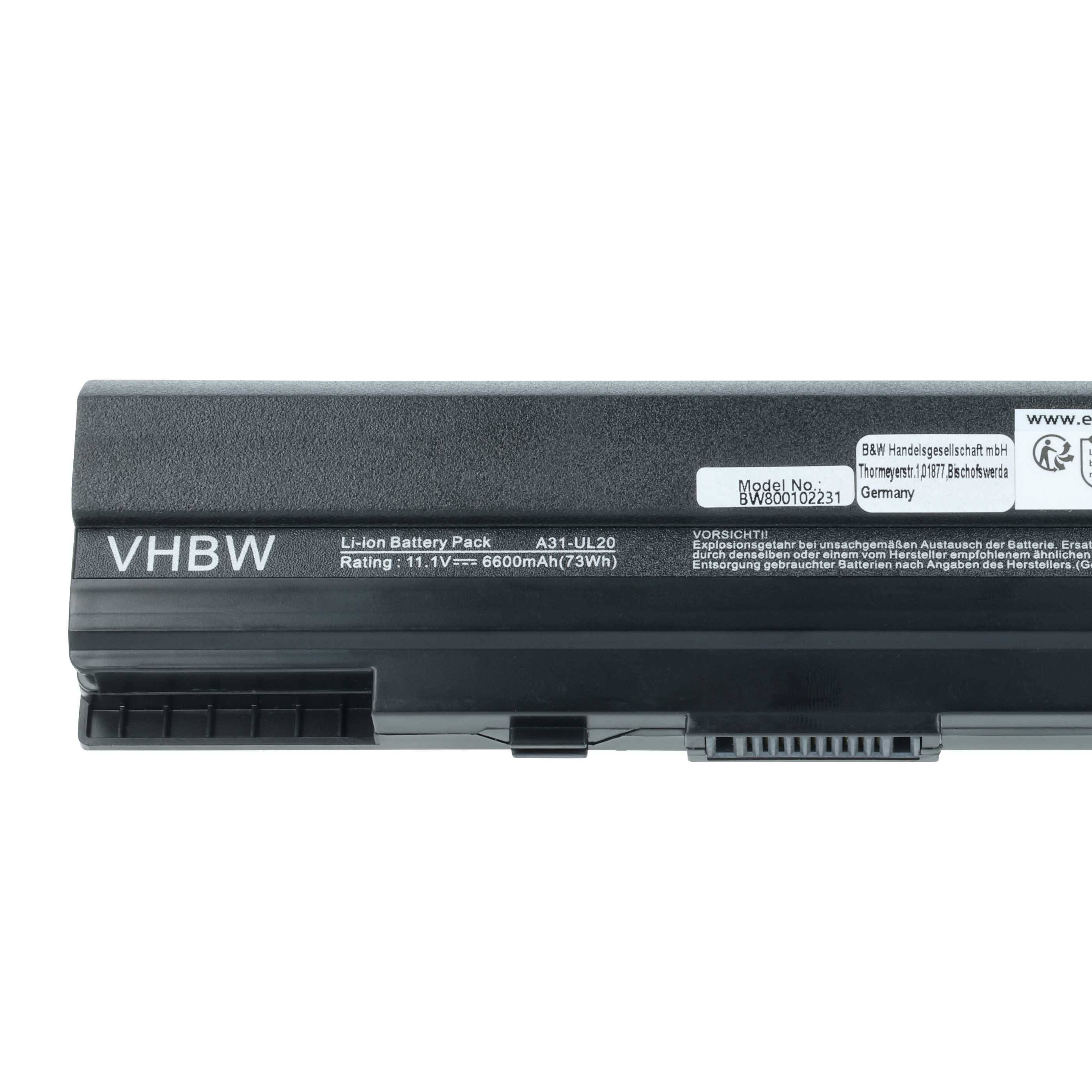 Ein wiederaufladbarer Lithium-Ionen-Akkupack der Marke 'VHBW', mit Spezifikationen: 11,1V, 6600mAh, 73W, Modell A32-Li20, hergestellt in Deutschland.