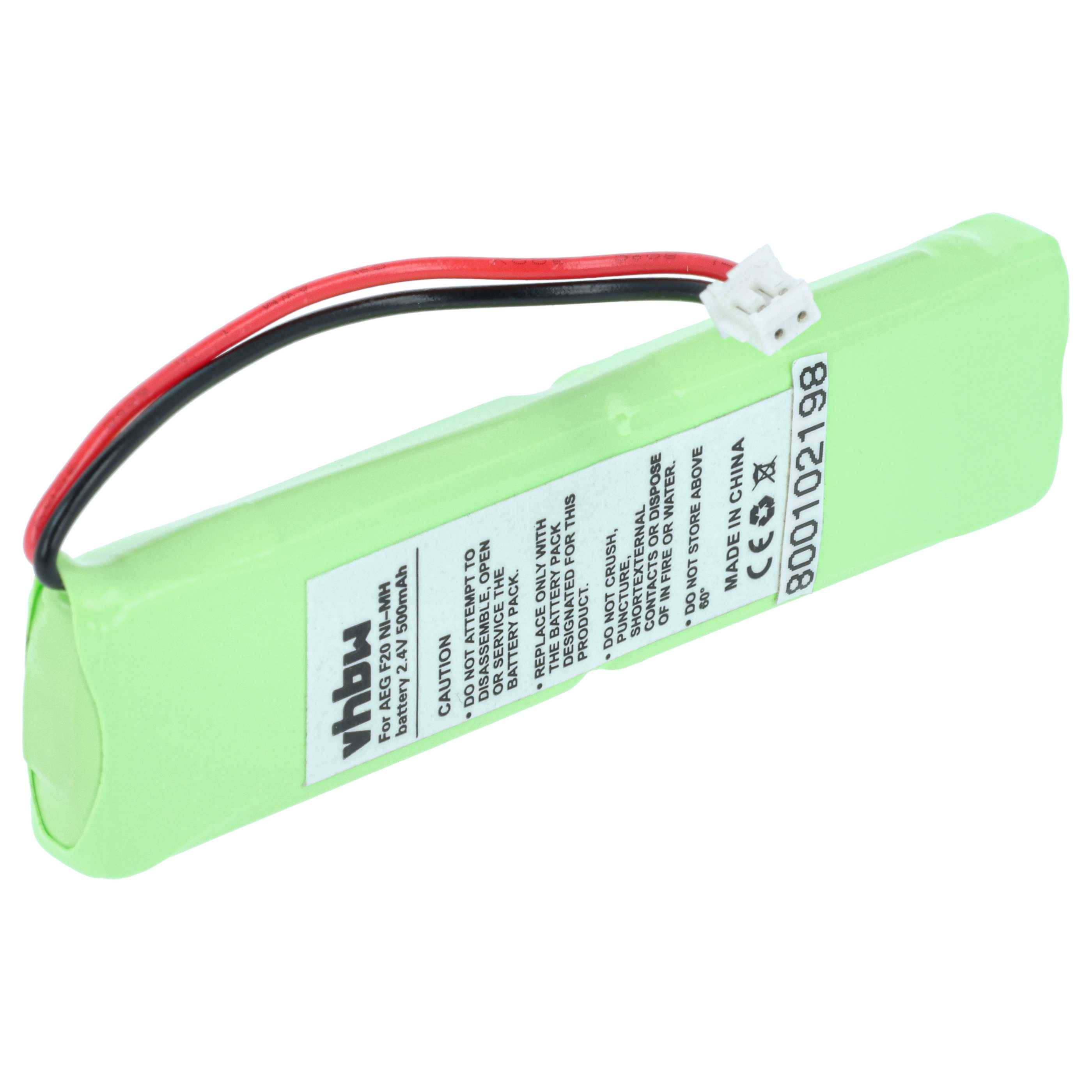 Ein rechteckiges grünes wiederaufladbares Batteriepack mit einem Etikett, das technische Details anzeigt. Zwei Drähte erstrecken sich von einem Ende.