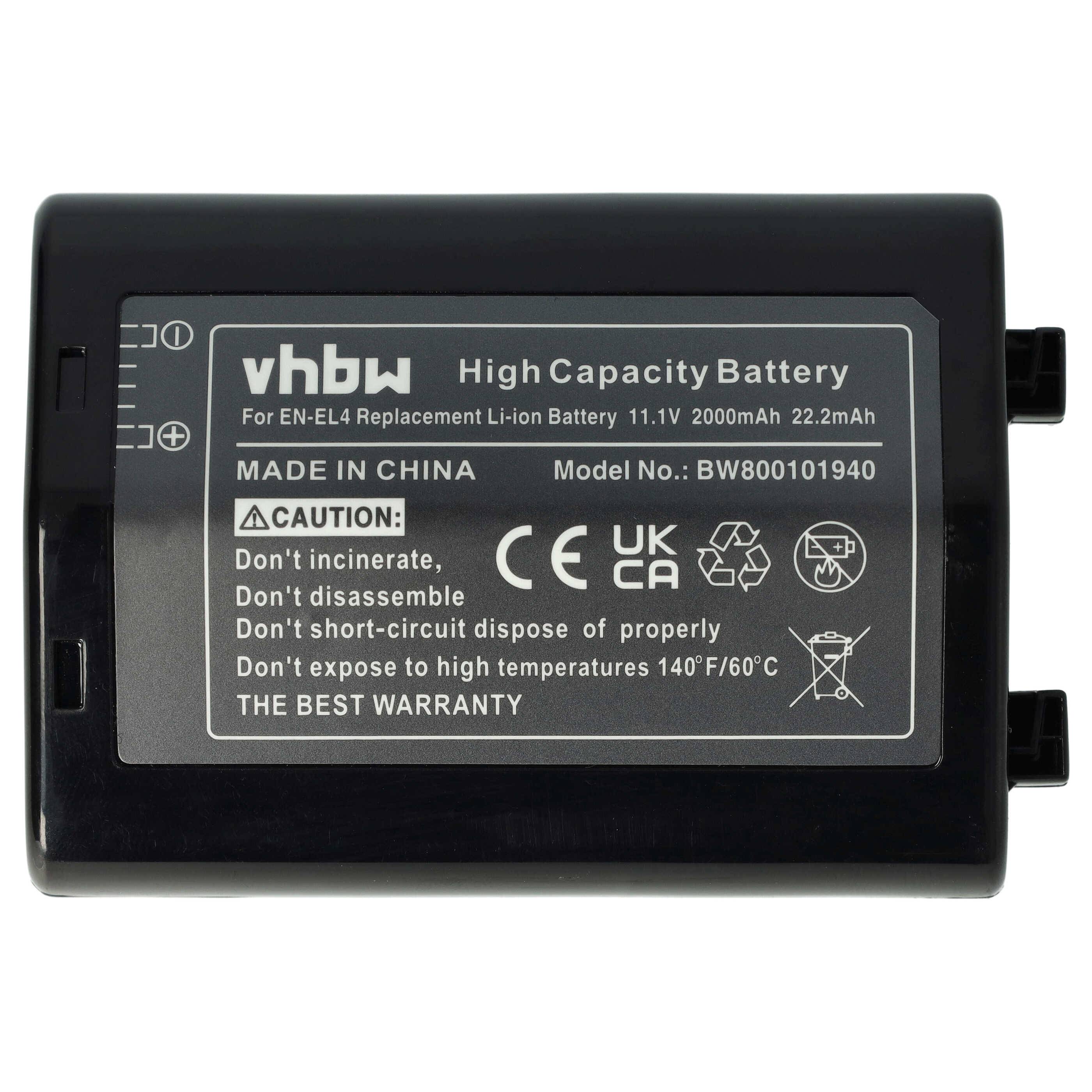 vhbw Akku kompatibel mit Nikon D3, D3X, D2H, D2X, D2Hs, F6, D2Xs Kamera (2000 mAh, 11,1 V, Li-Ion) - Ersatz für EN-EL4, EN-EL4a