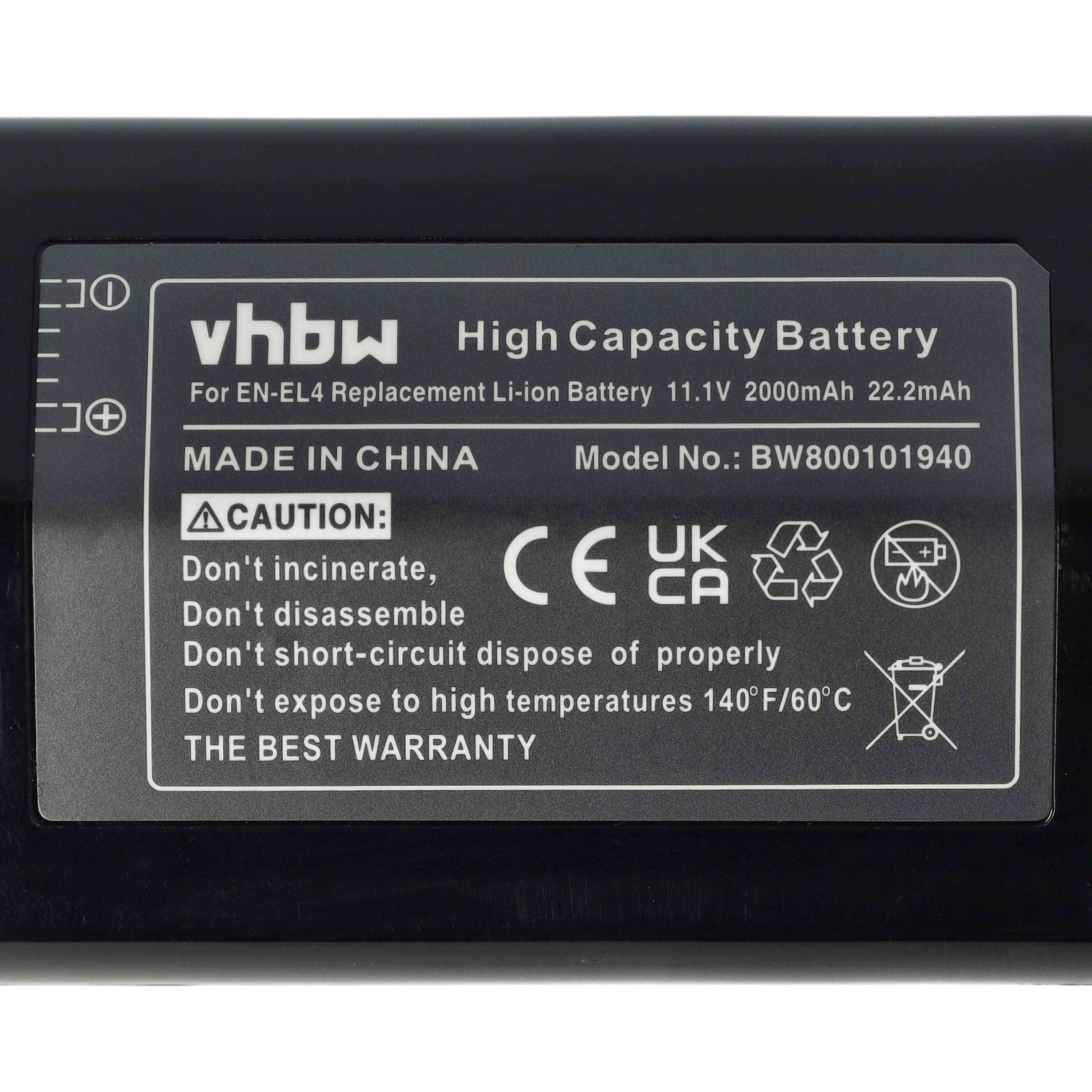 vhbw Akku kompatibel mit Nikon D3, D3X, D2H, D2X, D2Hs, F6, D2Xs Kamera (2000 mAh, 11,1 V, Li-Ion) - Ersatz für EN-EL4, EN-EL4a