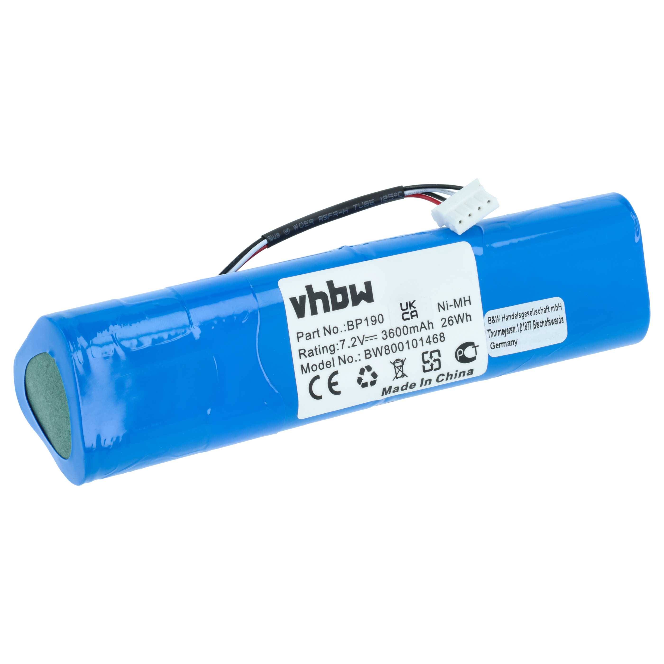 Ein blauer zylindrischer Akku mit der Bezeichnung „vhbw